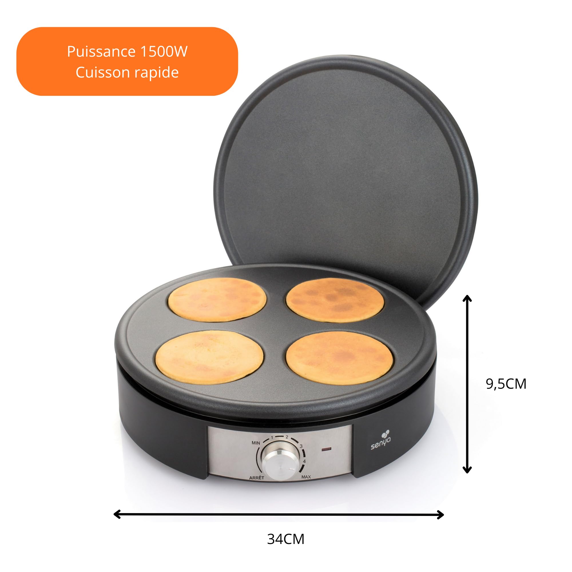 SENYA Crêpière Électrique 2 en 1 : 2 Plaques Interchangeables (Crêpe 30 cm ou 4 Mini Crêpes) – 1500W cuisson rapide – Appareil Crêpes Party – Thermostat Réglable – Revêtement Antiadhésif Sans PFOA
