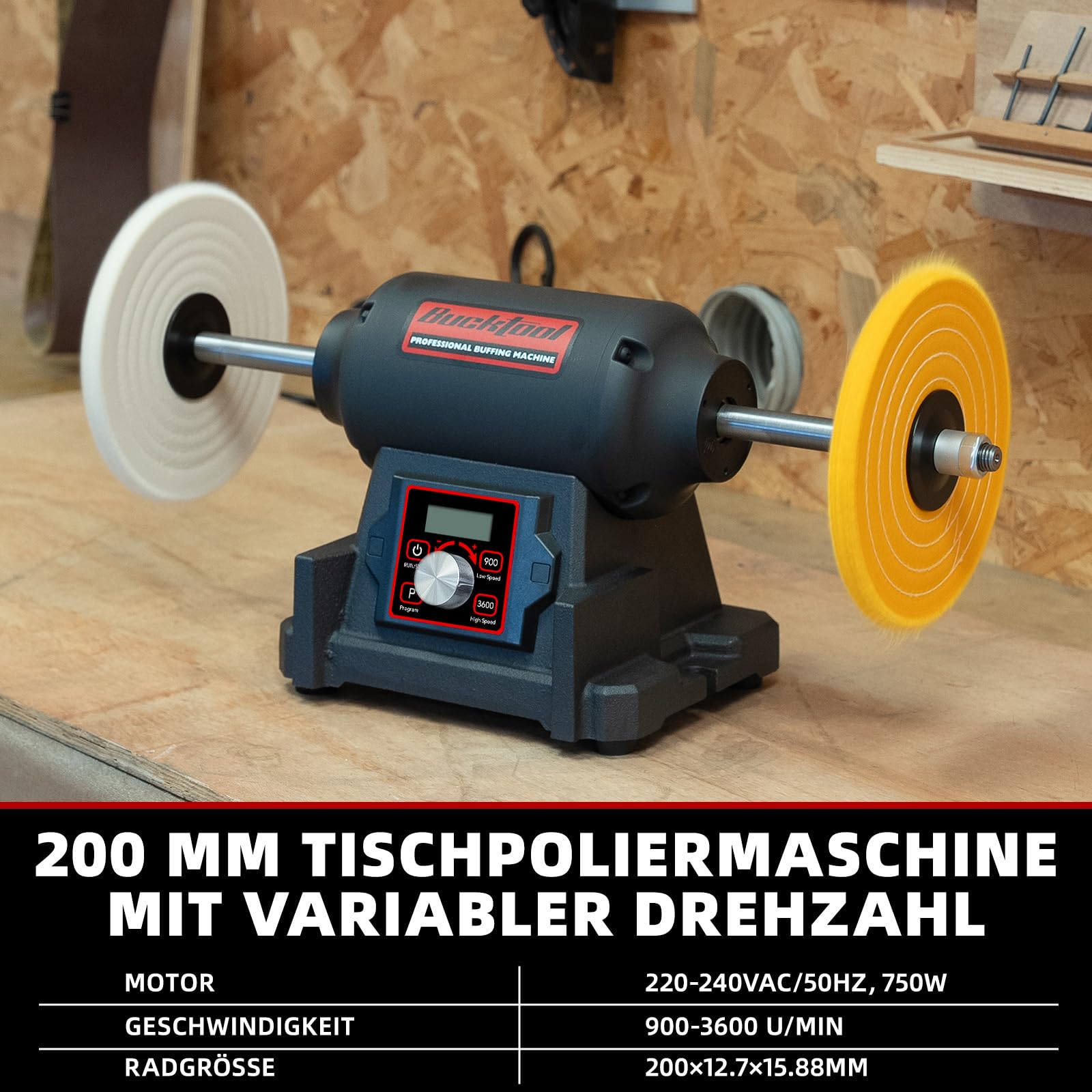 BUCKTOOL 750W Tischpoliermaschine, 200mm VFD Tischschleifer, 900-3600 U/min | Ein-Knopf-Drehzahlregelung, Verlängerter Polierschaft und Polierbock für Schmuck, Metallbearbeitung und Hochglanzfinish