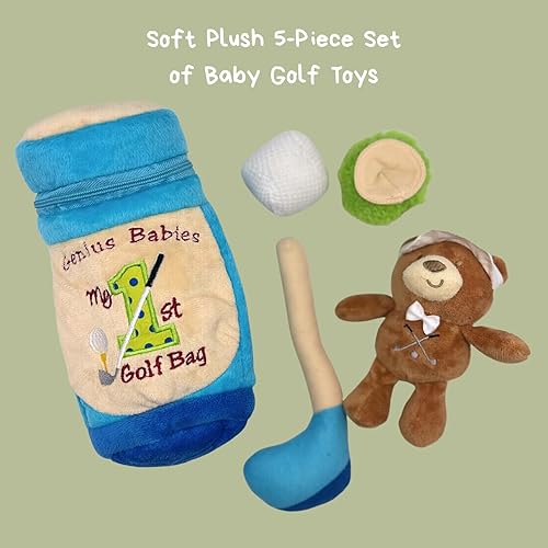 Miniatura 2 de Genius Baby Toys - El juguete de golf original para bebés de 9 pulgadas con oso de peluche, club de golf de felpa azul, bordado con 'My 1st Golf
