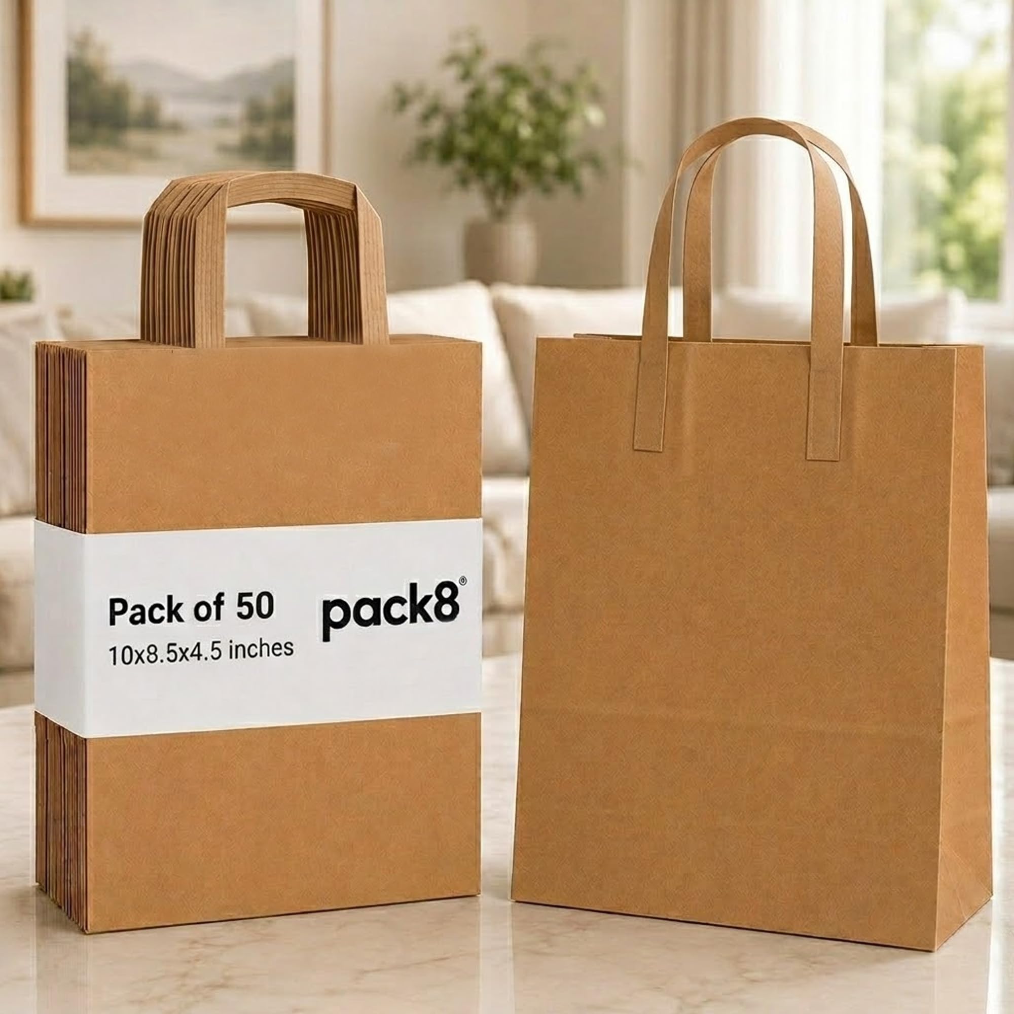 Pack8 Medium Brown Eco-Friendly Kraft Paper Bags with Handles | 80GSM Strong Carrier Bags for Grocery, Takeaway Food, Retail Shopping, Gift Packaging (Pack 50)