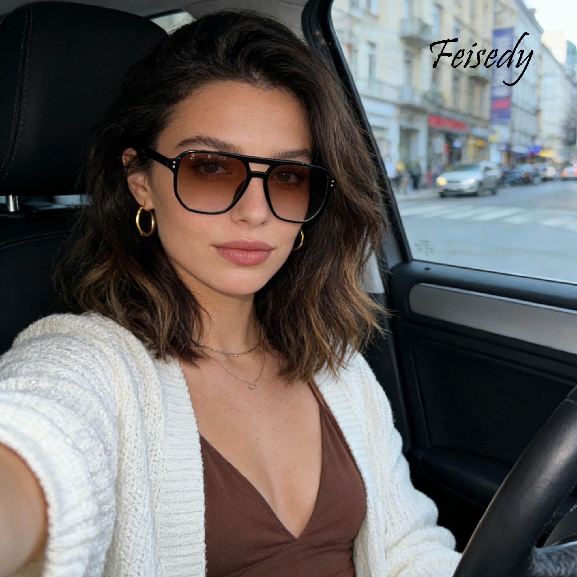 FEISEDY Retro Lunettes de Soleil Carrées Femme Homme 70s Vintage Lunettes Classique avec Double Pont Protection UV400 B2835