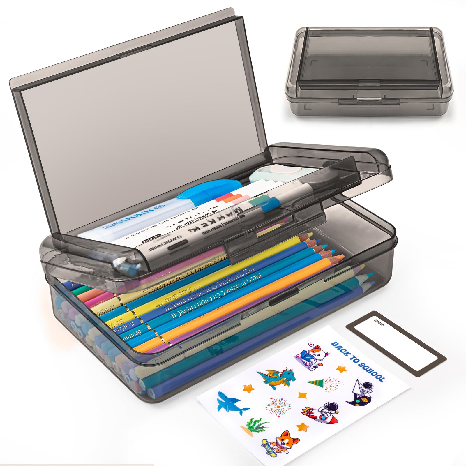 Double Layer Plastic Clear Hard Pencil Cases Box with Personalized sticker