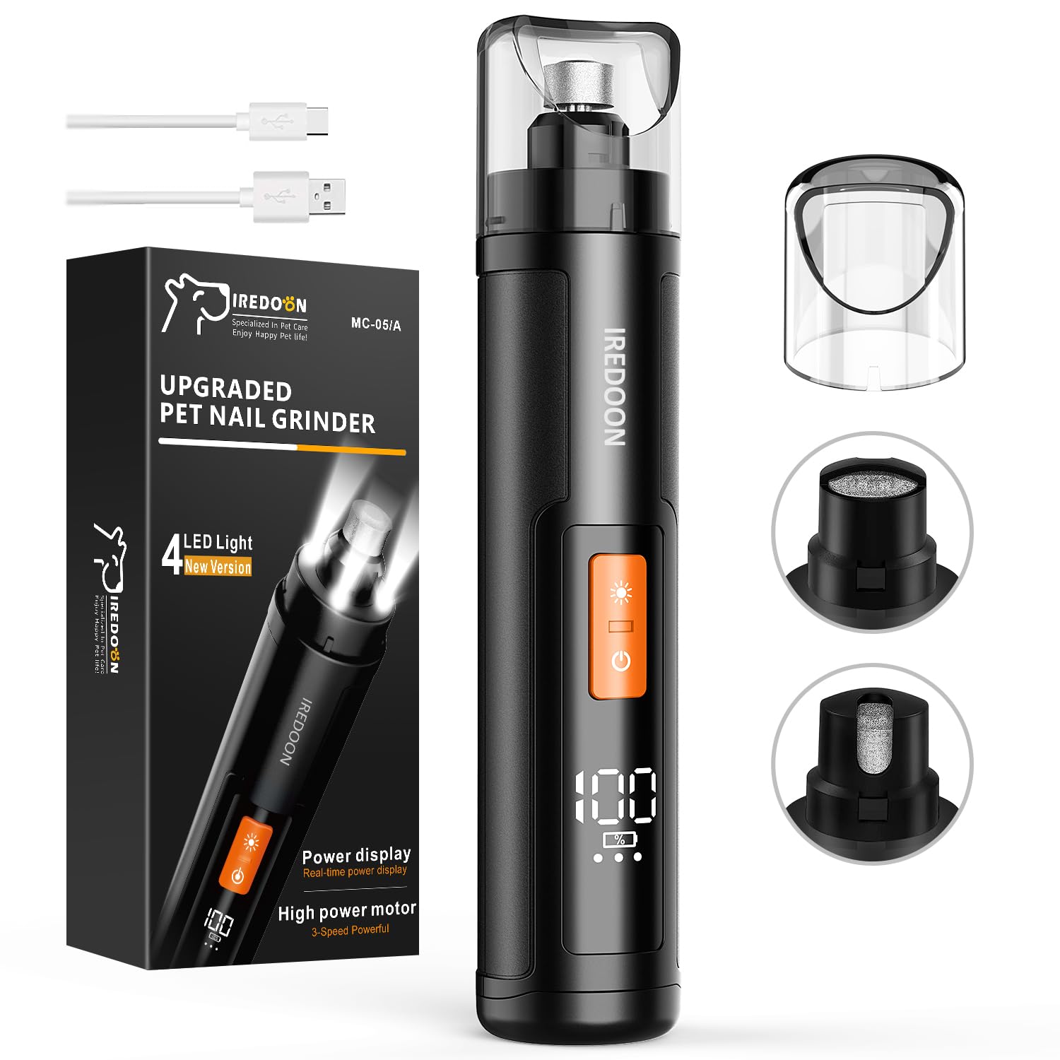 IREDOON Dog Nail Grinder with 4 LED Lights, 3 Speeds Super Quiet for Pets
