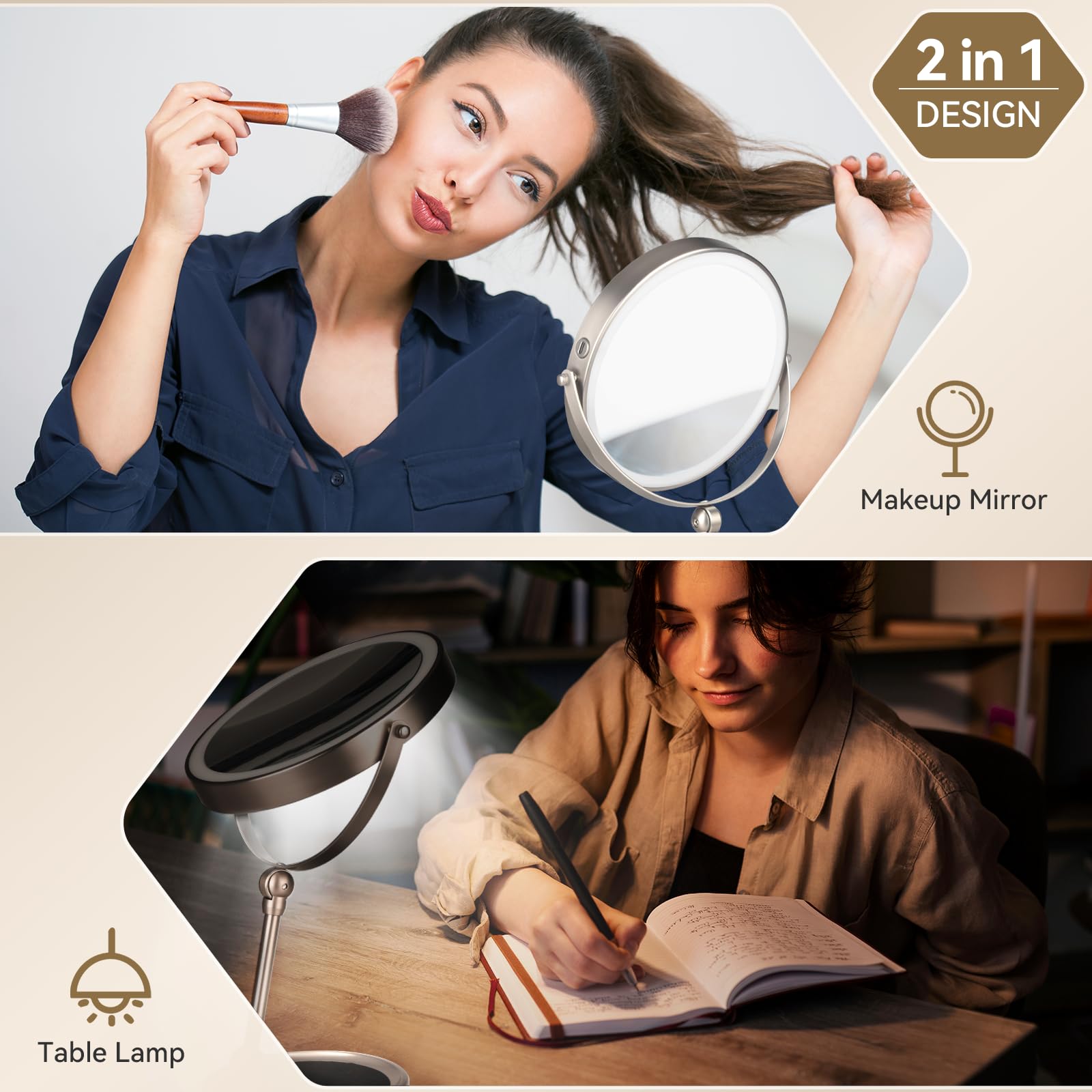 Espejo de aumento con luz, espejo de escritorio ajustable en altura, espejo de maquillaje iluminado de doble cara 1x/10x, espejo de tocador giratorio de 8 pulgadas con soporte de brillo ajustable