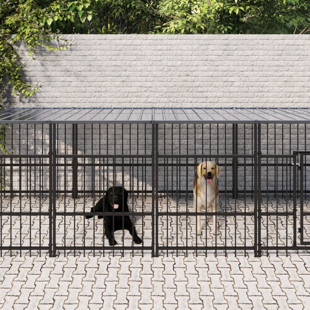 Perrera para perros de acero con recubrimiento en polvo con techo de 11,26 m², parque estable con rejilla, plegable, protección segura para cachorros y perros en el jardín, terraza, patio