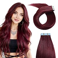 Vista 1 de YILITE - Extensiones de cabello humano con cinta adhesiva roja, 20 pulgadas, 50g, 20 piezas, #99J burdeos, cinta adhesiva para extensiones