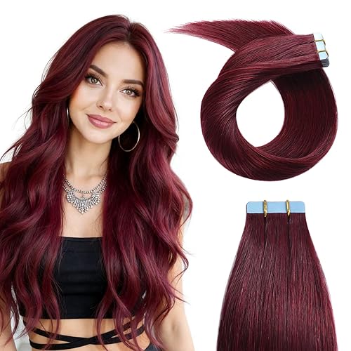 YILITE - Extensiones de cabello humano con cinta adhesiva roja, 20 pulgadas, 50g, 20 piezas, #99J burdeos, cinta adhesiva para extensiones de