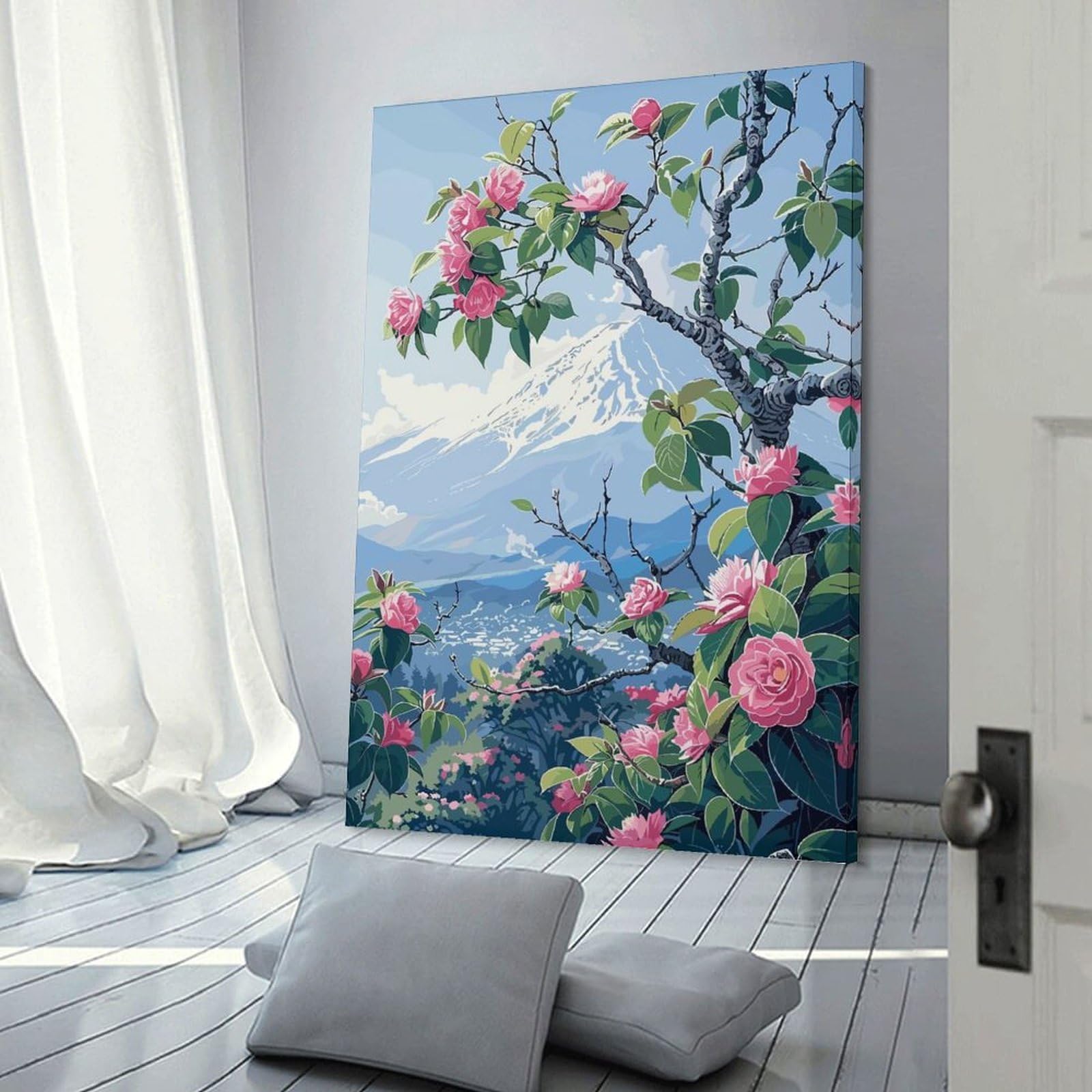 Junmoney Mount Fuji with Cherry Blossoms(2) Canvas Wall Art, 08x12inch(20x30cm), for Bedroom Decor, Cosy Corners Or Studios, Stylish Decor for A Restful Room Update