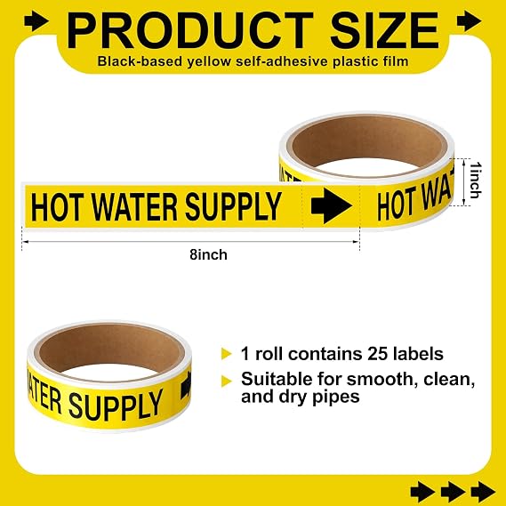 Fuyoooo 1 Roll Hot Water Supply Pipe Markers 1 Height x 8 Width Black on Yellow Hot Water Supply Pipe Self Adhesive Labels with Arrow Plastic Film Markers Stickers