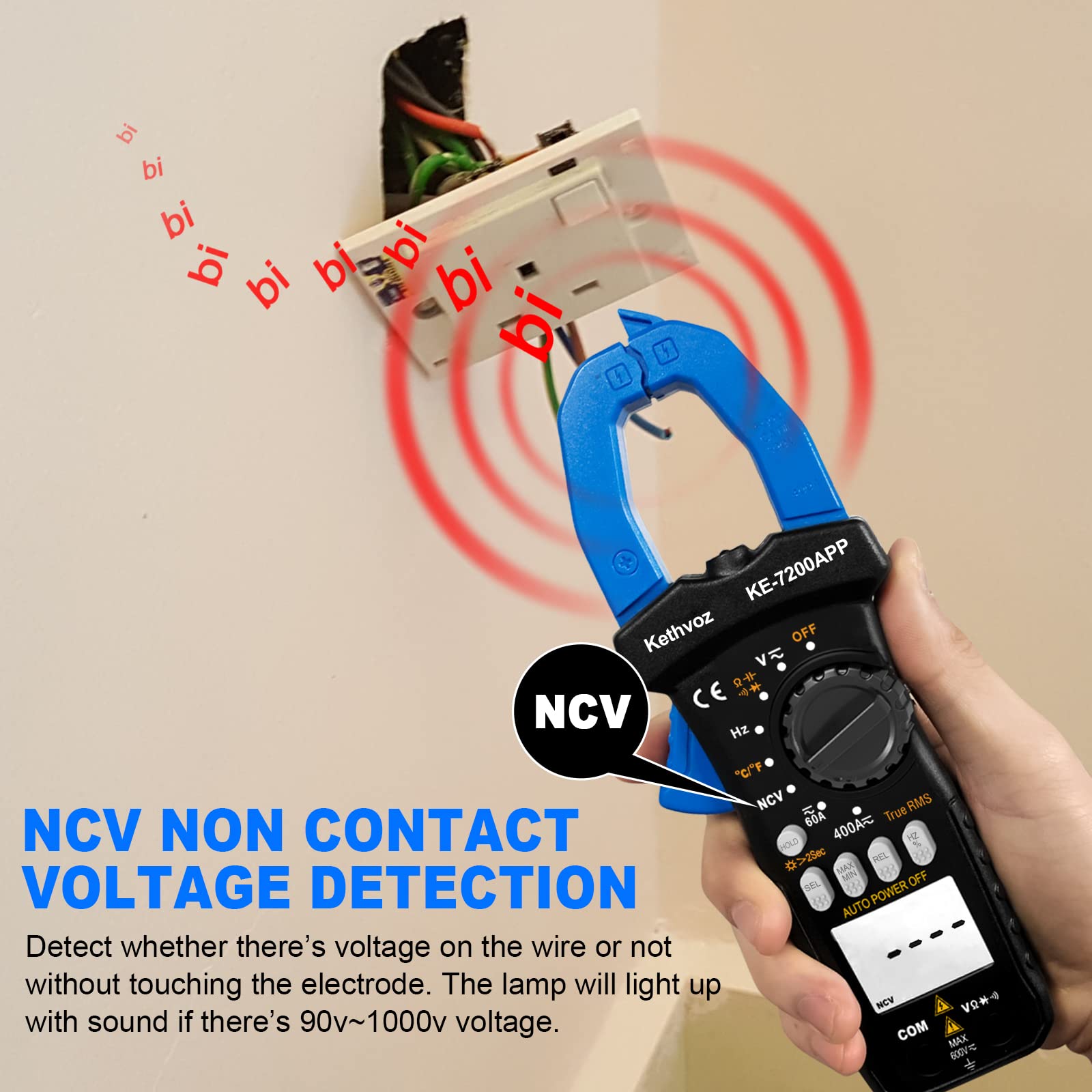 Digitale Pinza Amperometrica 400A CC/CA, Kethvoz Bluetooth Multimetro Professionale Misura AC/DC Elettrica Corrente Tensione Resistenza Capacità, 6000 Conteggi Amperometro KE-7200APP