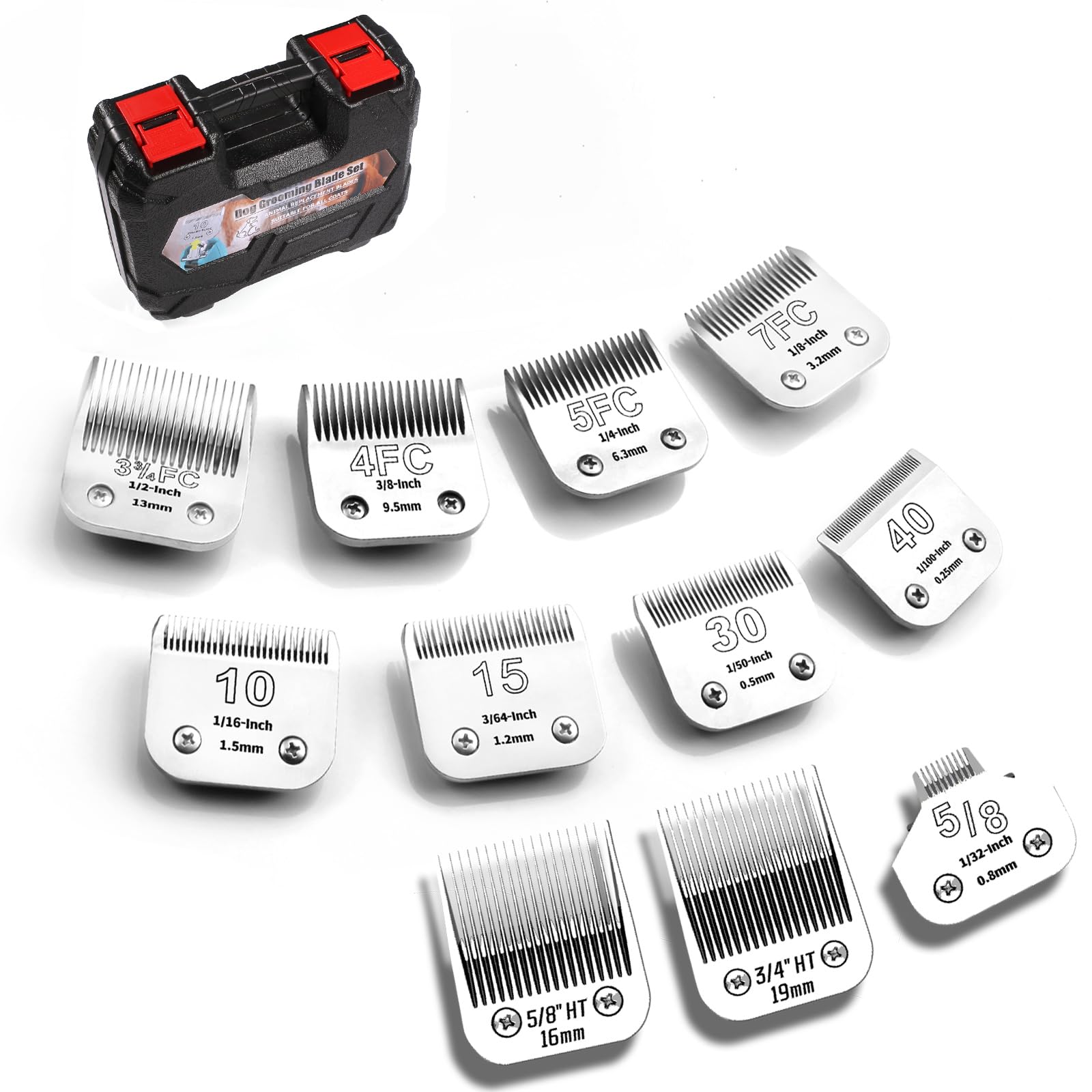 YAZIYIR Lame Staccabili per la toelettatura dei Cani in Acciaio Inossidabile, compatibili con Andis/Oster-A5/Heiniger/moser Max 50/Wahl, Misura 40+10+30+15+7FC+5FC+4FC+3FC+5/8HT+3/4HT+5/8N, 11 Pezzi
