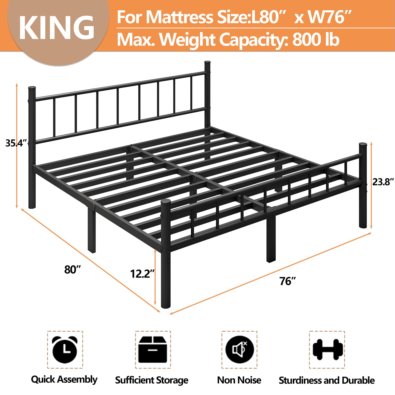 Base de cama de metal tamaño King con cabecera y estribo de 14 pulgadas, plataforma de metal con soporte de colchón con listones de acero, almacenamiento debajo de la cama, no necesita somier 3