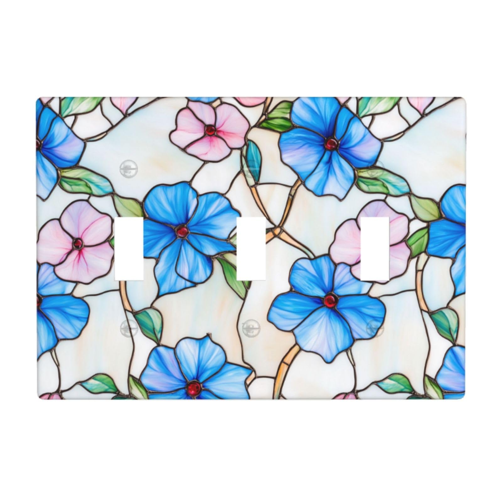Stained Glass Blue and Pink Flowers Light Switch Covers 3 Gang Triple Toggle Wall Plate Switchplate Electrical Faceplate for Bathroom Kitchen Bedroom Decor