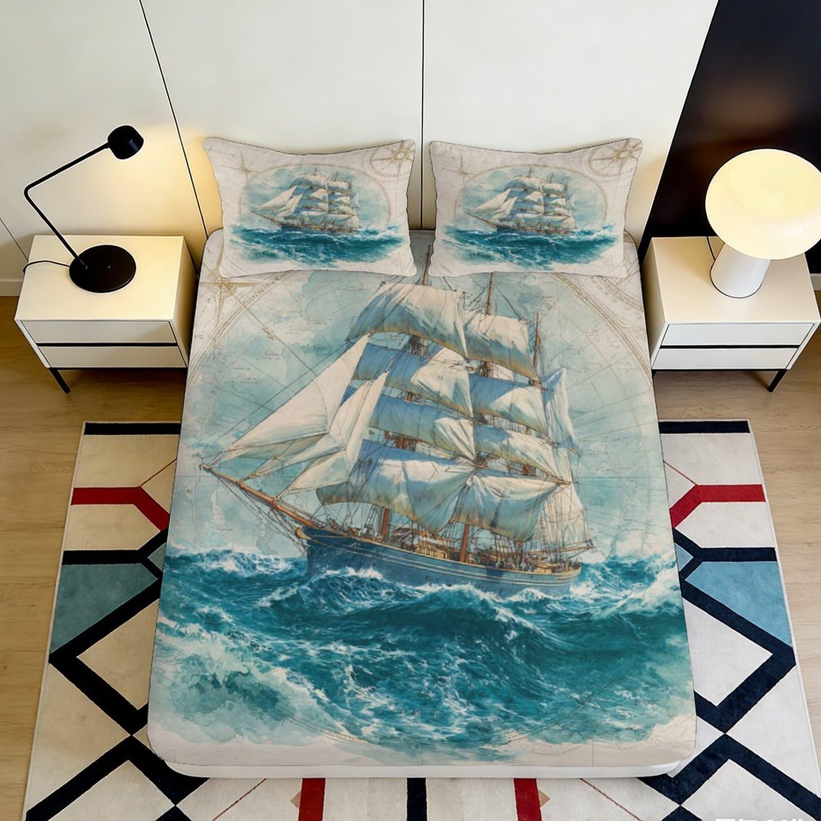3D Printed Sailing Ship Ocean Fitted Sheet Microfiber Soft Blue Waves Bed Cover for Bedroom Guest Room Decor 140x200x25cm