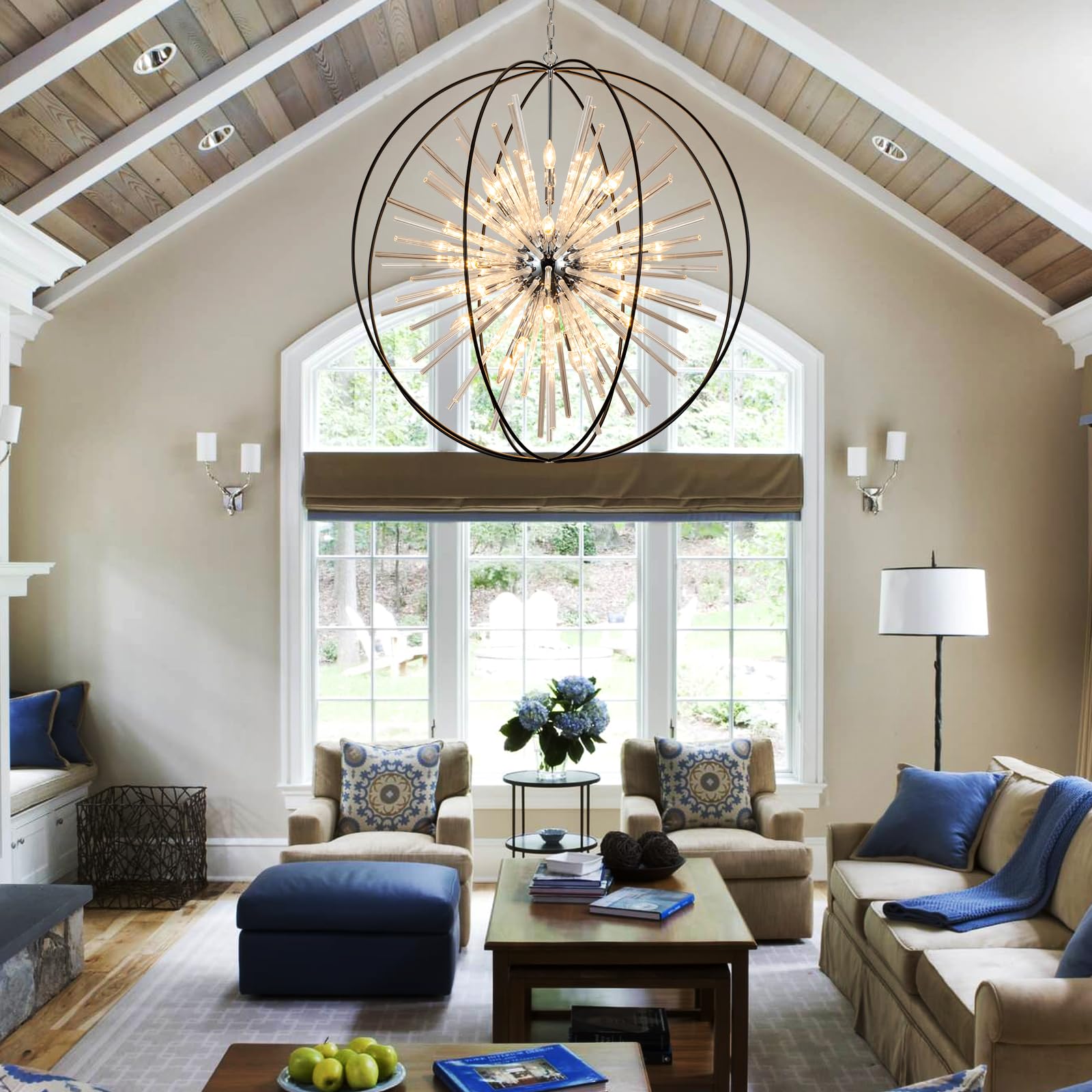 42" Extra Large Black Modern Entryway Foyer Chandelier 24 Light Globe Crystal Chandeliers for High Ceilings Entryway Foyer Stairway Kitchen Dining Living Room Hallway Entrance