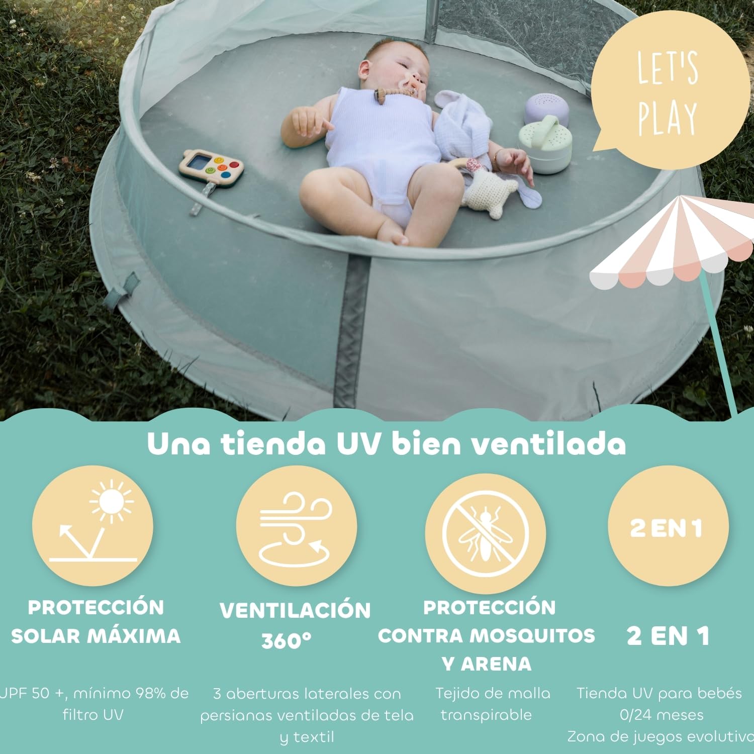 BÉABA, Tienda De Playa Para Bebé 2 En 1, 0–24 Meses, Protección Solar Máxima UPF50+, Filtrado UV, Ventilación 360°, Mosquitera, Espaciosa, Sistema Pop-Up, Bolsa De Transporte, Breezynest, Caqui