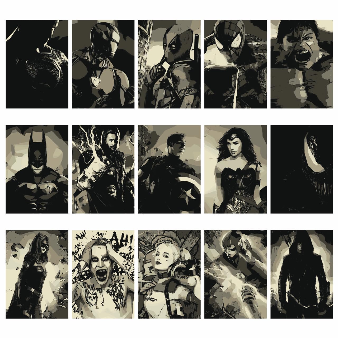 Wall art posters of Superheroes, DC Comics and Marvel heroes, Set of 15 pcs, Unframed, size 21x29.7 cm, Wall art for Living room, Bedroom, Playroom, Home Decor, 300 gsm thick cardstock paper