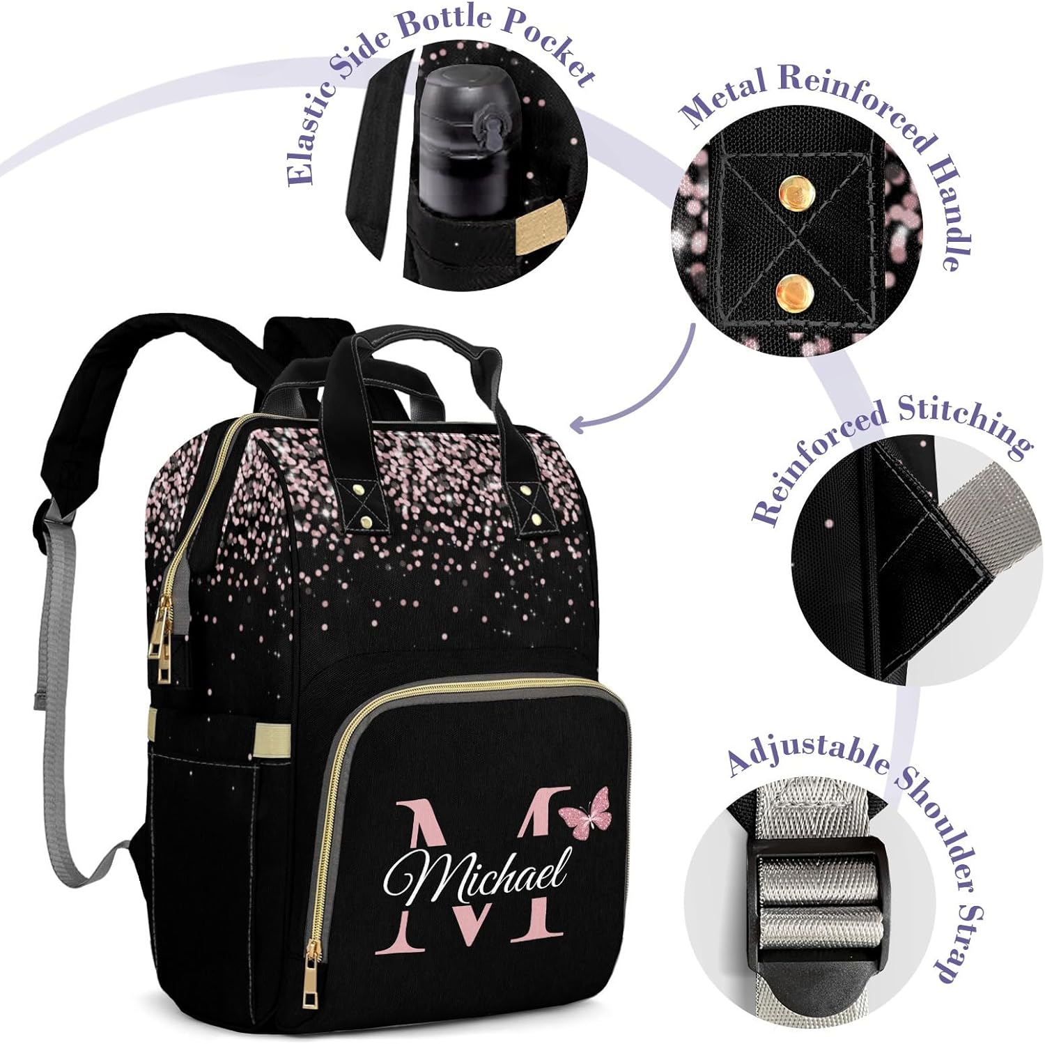 Custom Diaper Bag for Girl Boy,Personalized Baby Diaper Bag for Mom with Name,Waterproof Durable Daypack Bag