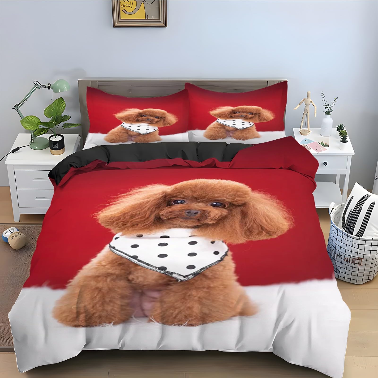 Housse de couette 240 x 260 caniche ensemble de literie rouge avec taies d'oreiller