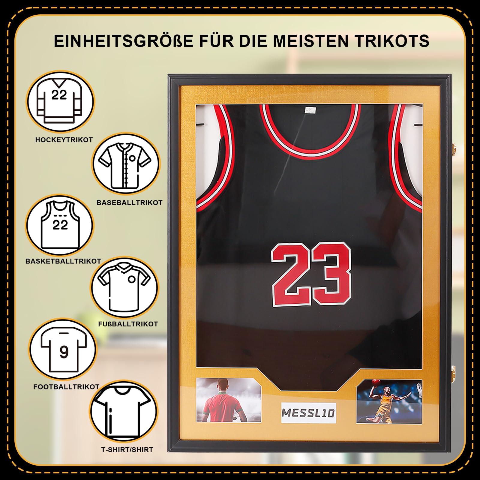 Trikotrahmen - Bilderrahmen für Trikot 3D Objektrahmen 60 x 80 cm, 3D Bilderrahmen zum Befüllen für Fußball Trikot NBA Trikot& Puzzle, mit Aufhänger, Tiefer Rahmen, Holz und Acrylglas, Schwarz