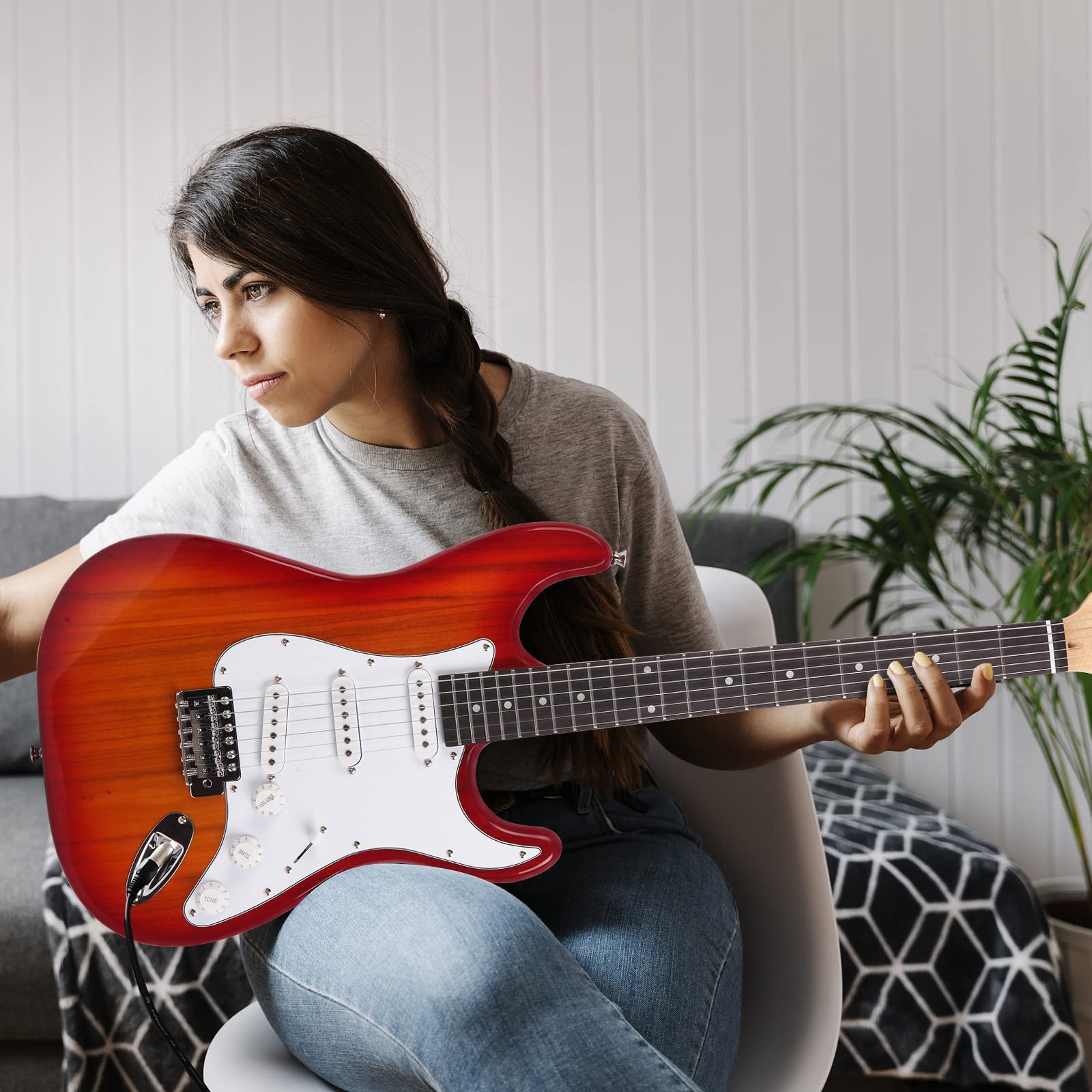Ktaxon Chitarra elettrica da 99 cm, kit per principianti con corpo solido, con custodia, tracolla, barra tremolo e plettri (rosso tramonto)