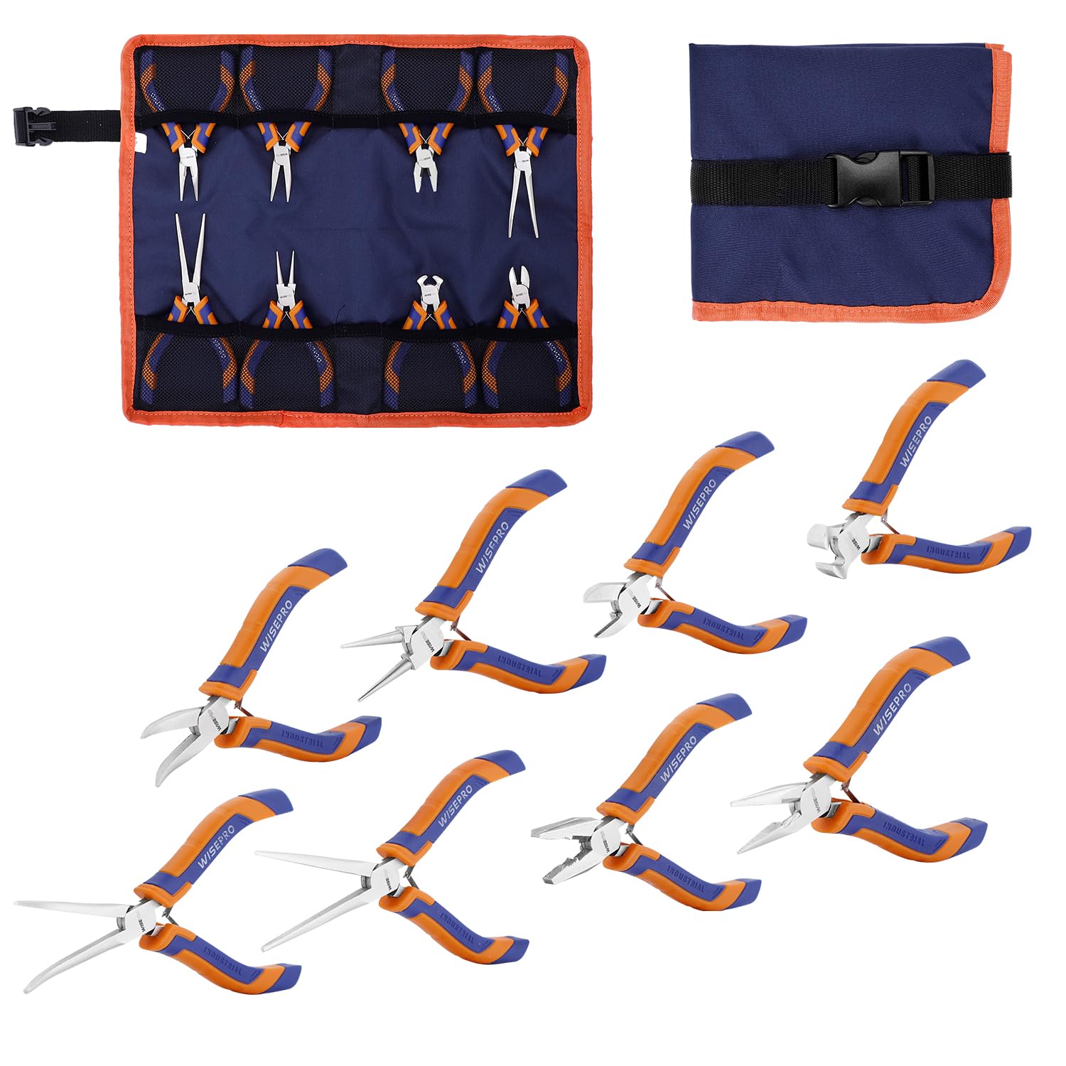 WISEPRO 8-Piece Mini Pliers Set for Precision Work, Including Long Nose, Diagonal Cutting, End Cutting, Bent Nose, Round Nose, Linesman, Needle Nose and Bent Needle Nose with Storage Pouch