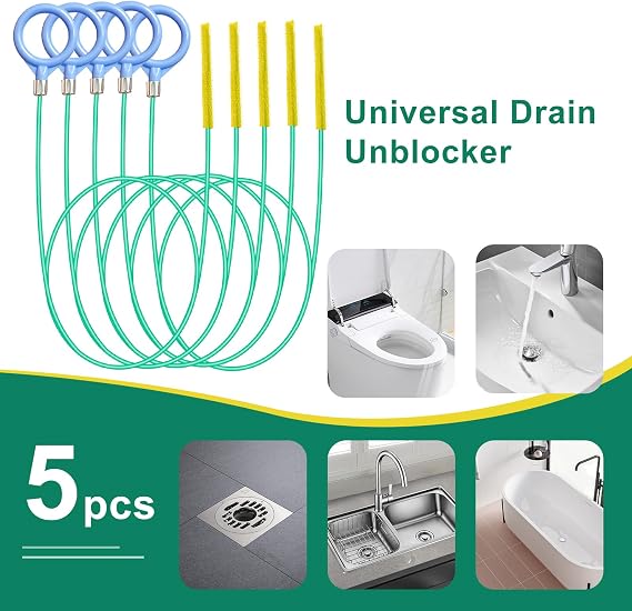 35 Inch Drain Snake Sink Unblocker Tool (5 Pack) – Heavy Duty Flexible Metal Drain Unblocker with Reinforced Micro Hooks for Unblocking Bathroom Sink, Shower, Bathtub Hair Clogs