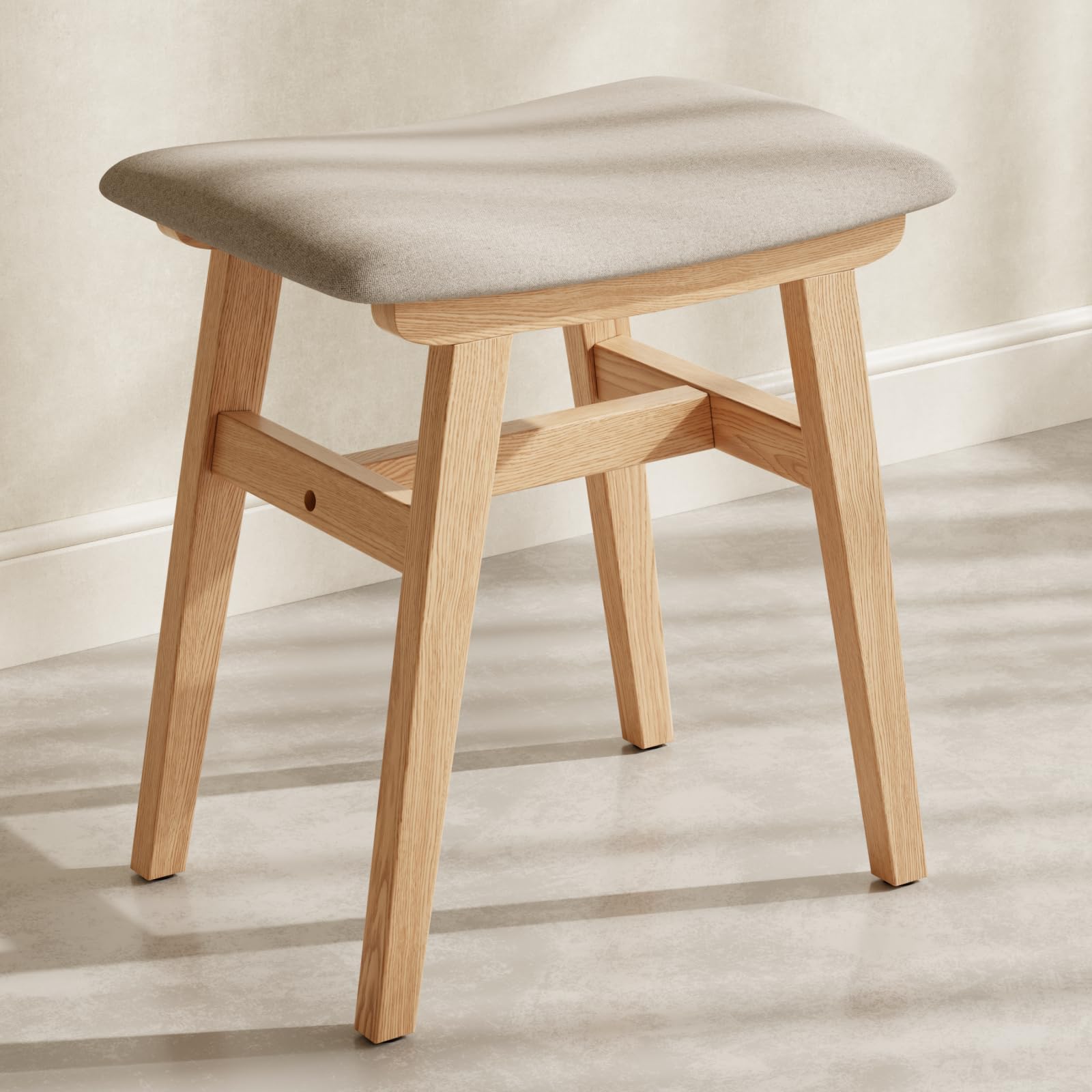 Muwuele Solid Wood Vanity Stool, Compact Makeup Chair with Saddle Cushion, Linen-Covered High Rebound Sponge Seat, Easy Assembly Footstool for Bedroom, Entryway, Home, Natural-image-22