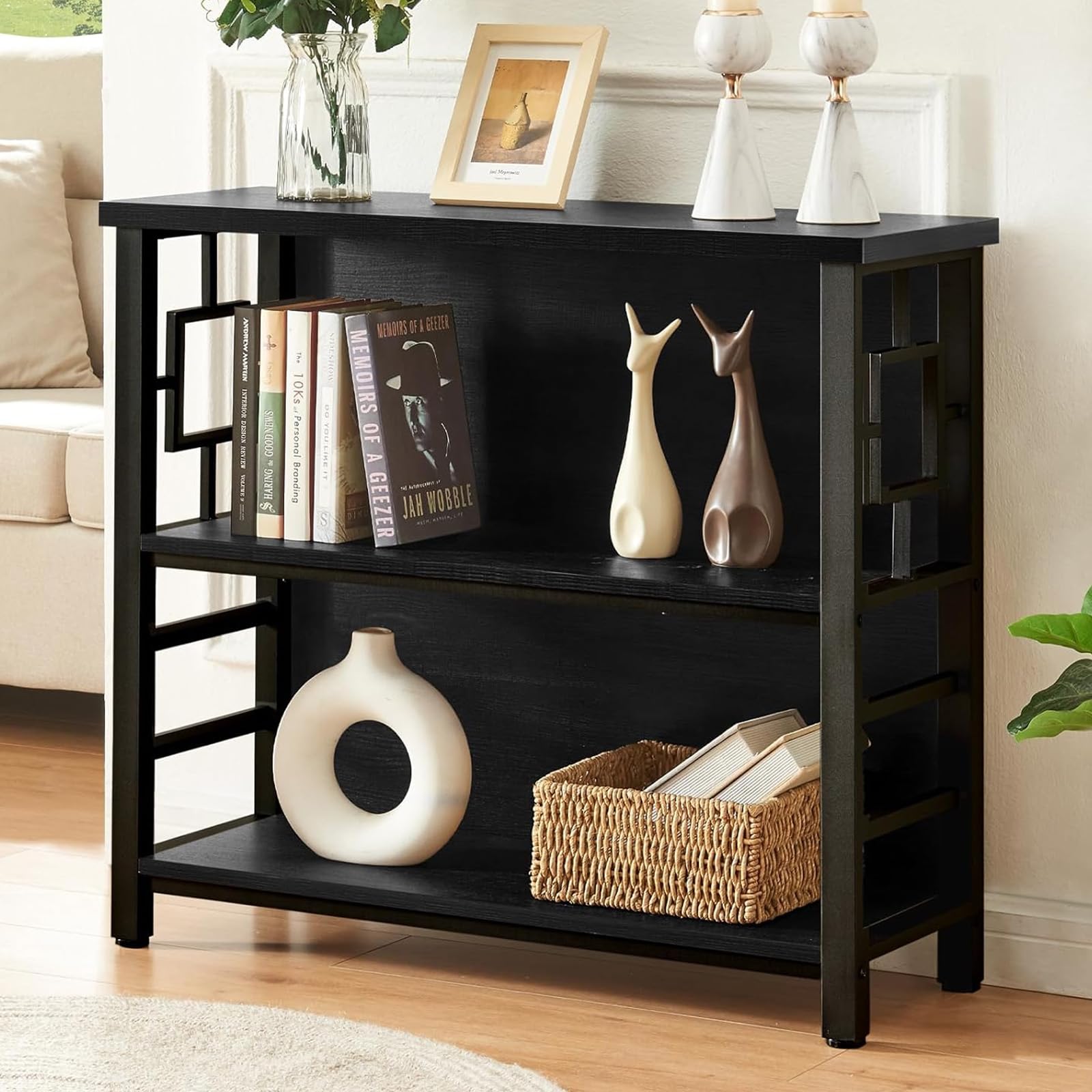 HOMISSUE Book Shelf, 3 Tier Deep Bookshelf with Storage, Engineered Wood and Metal Shelf Bookcase, Low Short Bookcases for Small Space, Living Room,