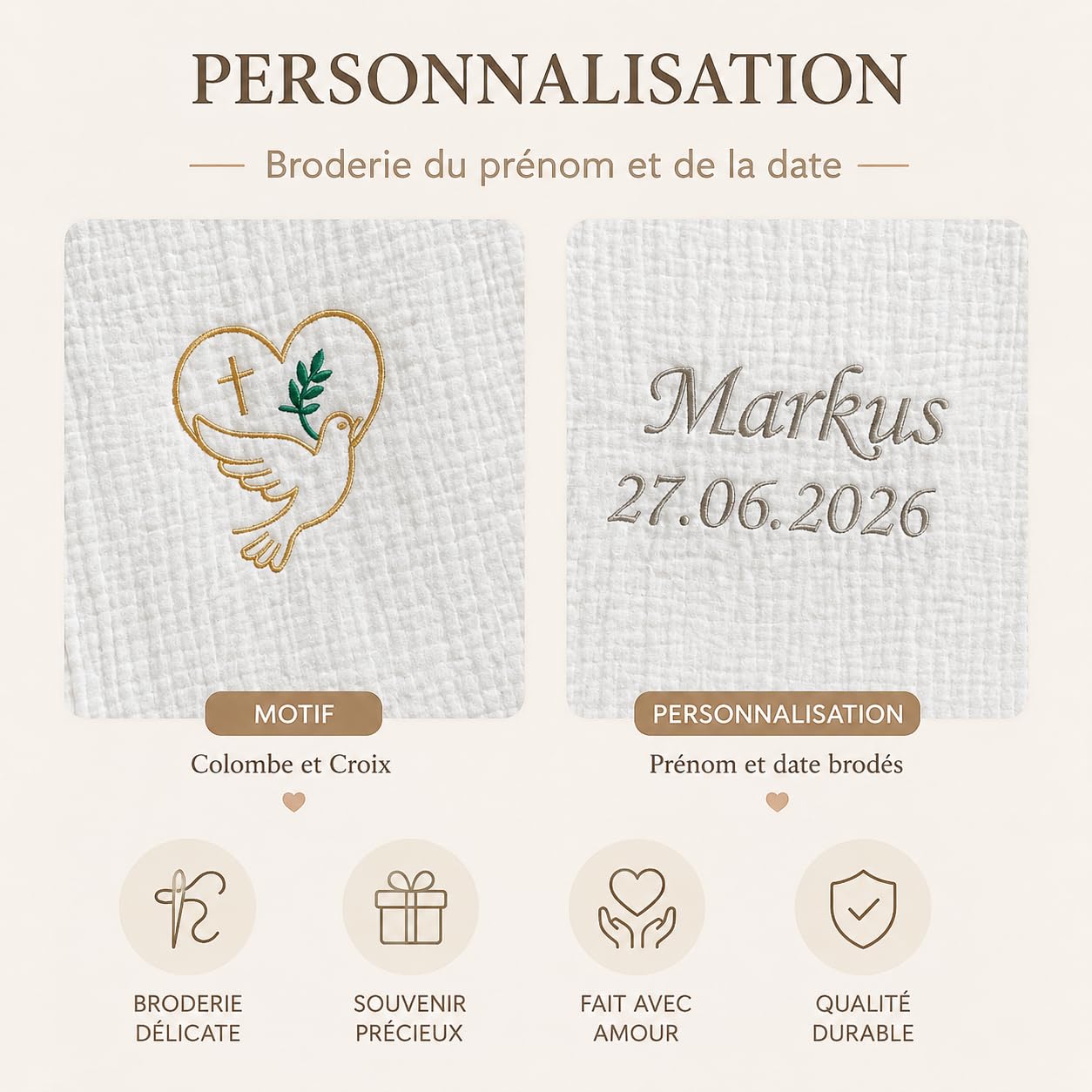 XIAOMA Écharpe de Baptême Personnalisée Bébé avec Broderie Prénom et Date – Étole Baptême en Double Gaze de Coton – Cadeau Baptême Garçon Fille avec Coffret Cadeau – Fabrication sous 48h