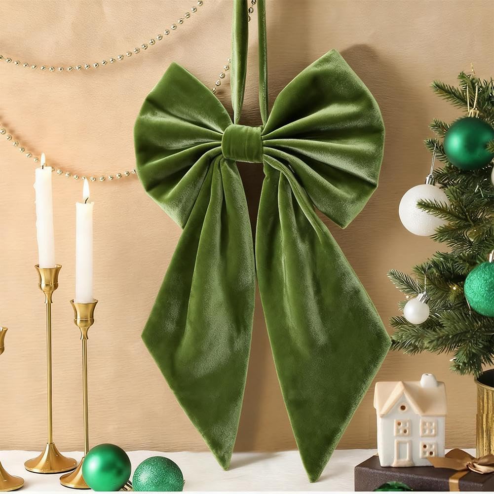 Giant Burgundy Velvet Bows for Christmas Tree Topper 22in, Large Bow for Decor, Birthday Party Backdrop, Ribbon Hanging Decor for Christmas Room Backdrop Wedding Party Decorations (Green)