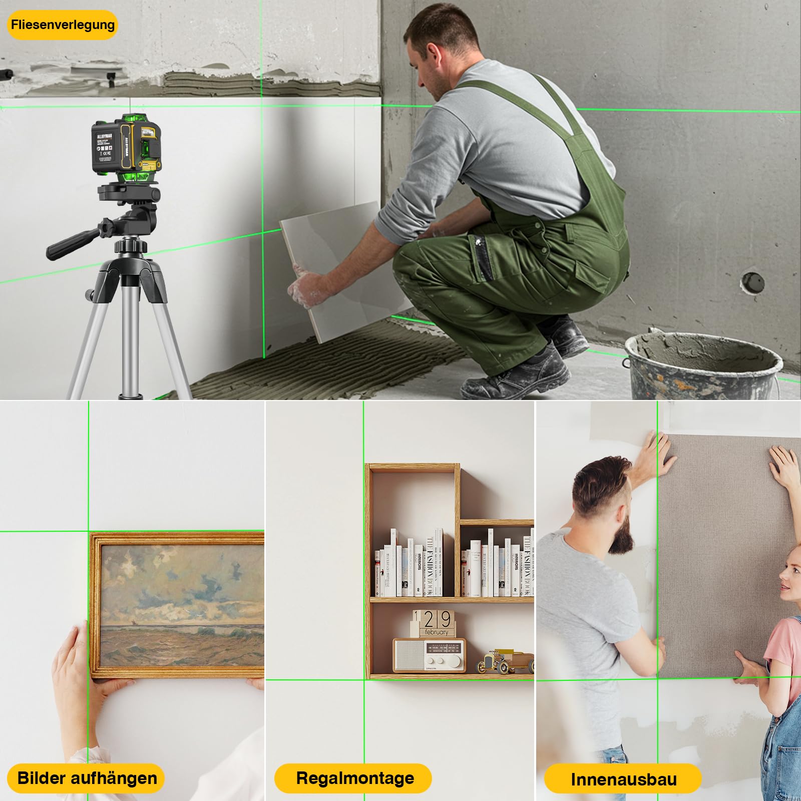 Alloyman Kreuzlinienlaser mit Stativ, 16 Linien Nivellierlaser, 4×360Grad Laser Wasserwaage, Selbstnivellierend 4D Grün Linienlaser Kreuzlaser mit 2 Batteries, IP54, für Innenbereich Baustelle