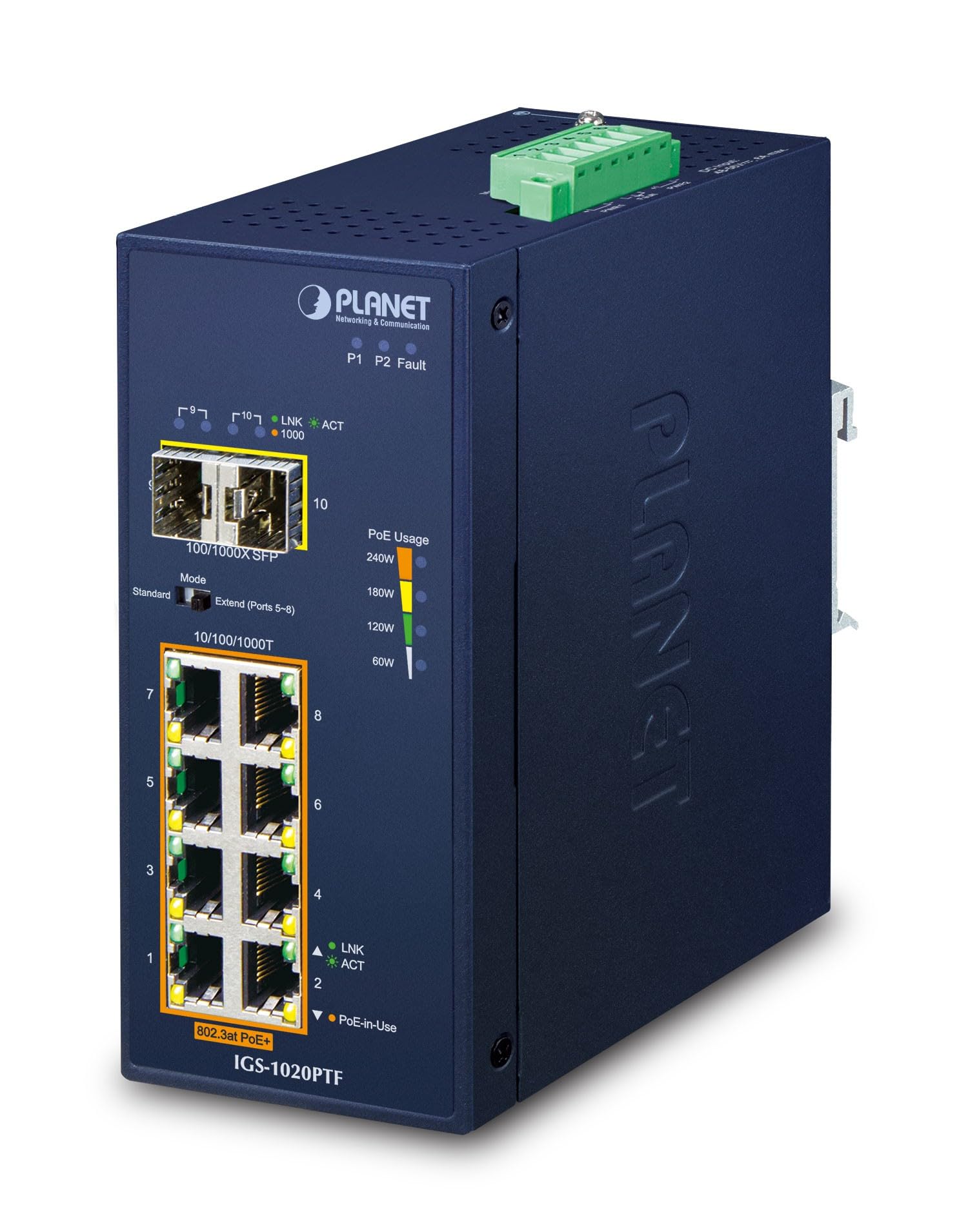 Planet IP30 Ind 8-P 10/100/1000T 802.3at Poe + 2 Porte 100/1000X, IGS-1020PTF (802.3at Poe + 2 Porte 100/1000X SFP Ethernet Switch)