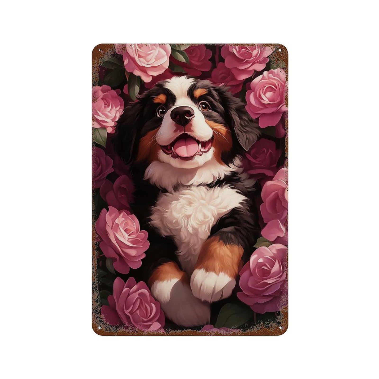 Bernese Mountain Dog Puppy in Roses Retro Metal Sign 11.8"x7.9", Rustic Home Decor for Garage, Pub Or Kitchen