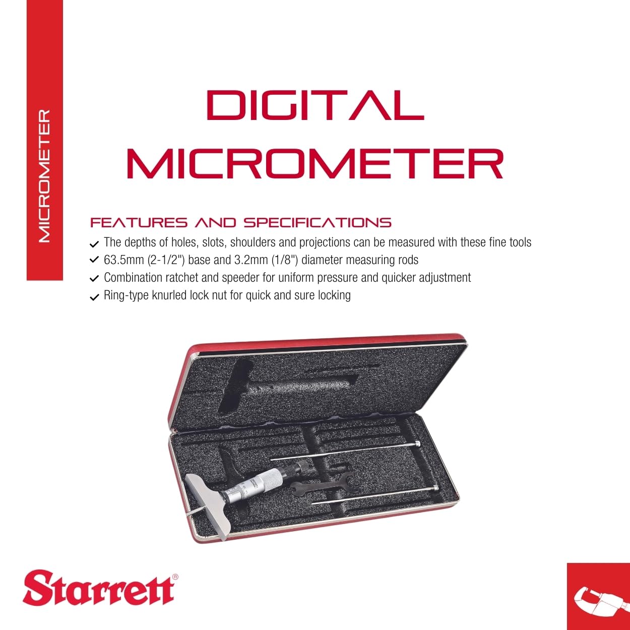 Starrett Depth Micrometer with Combination Ratchet and Speeder, Ring-Type Locknut, Ratchet Stop and Locknut - 0-75mm Range, .01mm Graduation, 63.5mm Base Length - 3 Rods - 440MZ-75RL