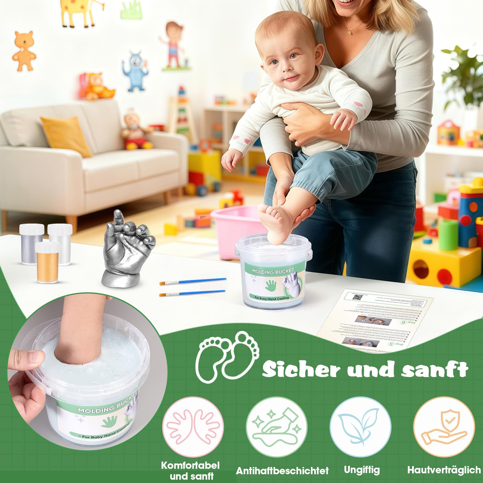 Gipsabdruck Baby Hand und Fuß für 4 Abdrücke Ungiftig 3D Gips Abdruck Hände mit Farben, Personalisierte Andenken Baby Geschenk Geburt Neugeborenen Geschenk für Frische Eltern