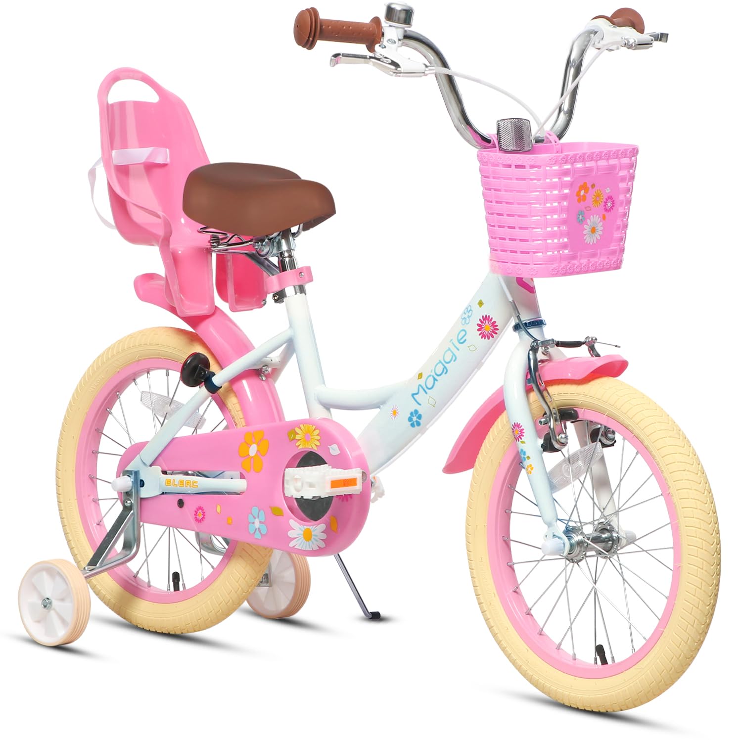 Glerc Maggie 16 Zoll Mädchen Fahrrad Alter 4 5 6 7 Jahre, Kinder und Kleinkinder Prinzessin Fahrrad Barbie Fahrräder mit Puppe-Sitz & Korb & Stützräder für Geschenk, Weiß