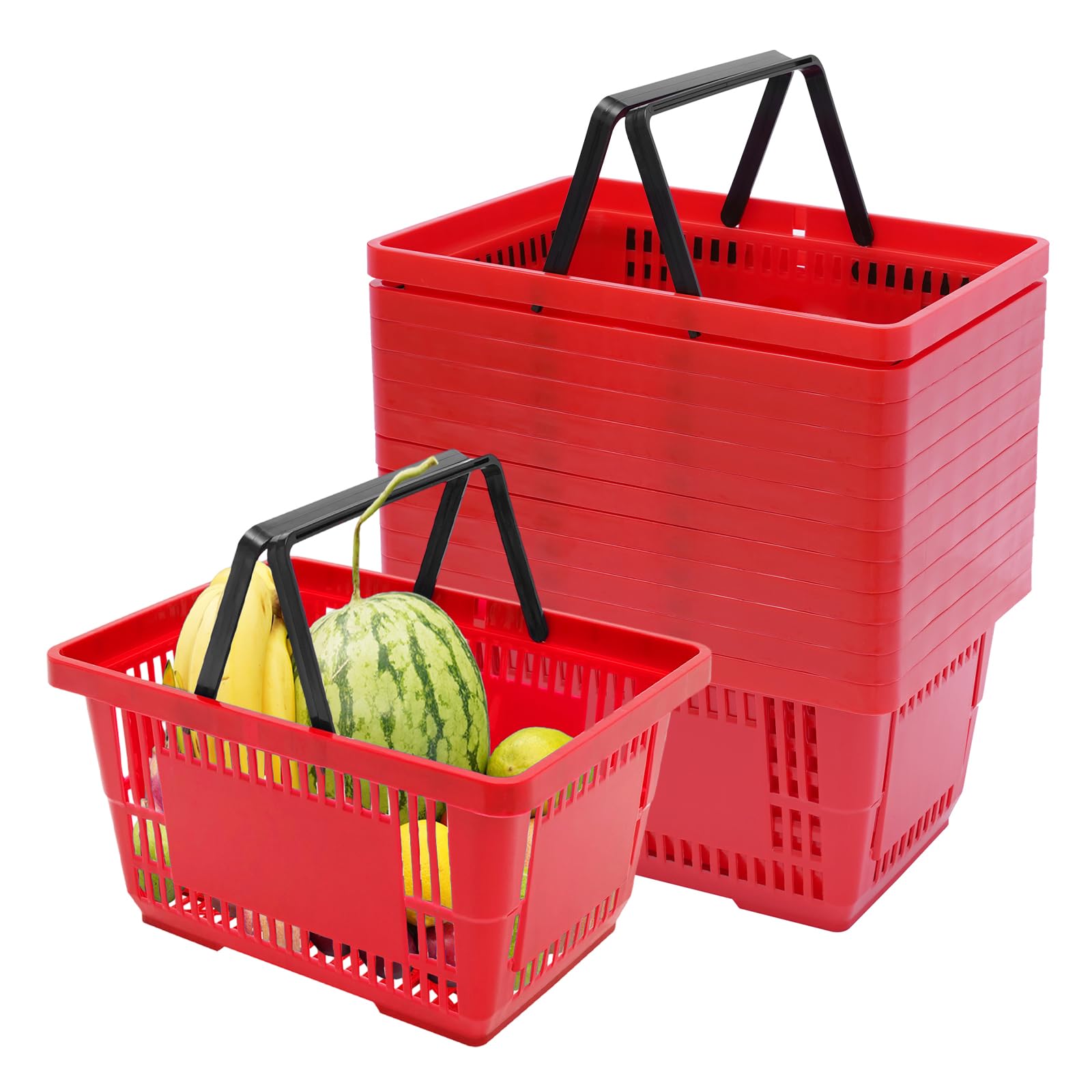 Einkaufskorb Set 12er, Tragekorb Kunststoff, Handkorb Rot, 18L | 12er Set PP, je 18L, 10kg belastbar, klappbare Griffe, stapelbar, Lochdesign
