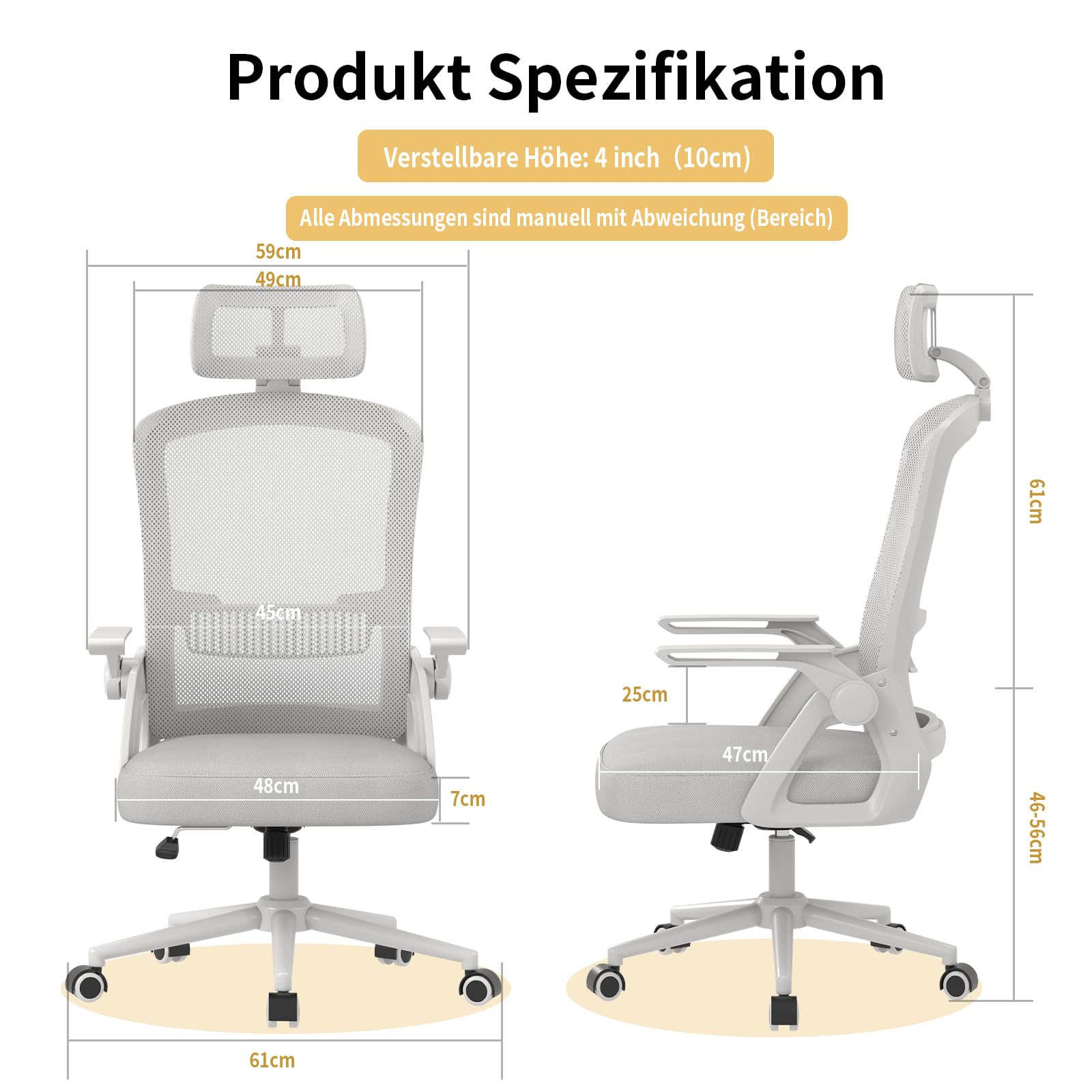 naspaluro Bürostuhl Ergonomisch Schreibtischstuhl Grau | Atmungsaktiver Netzgewebe, Lordosenstütze, Höhenverstellung Computerstuhl, Verstellbarer Armlehnen Kopfstütze Drehstuhl