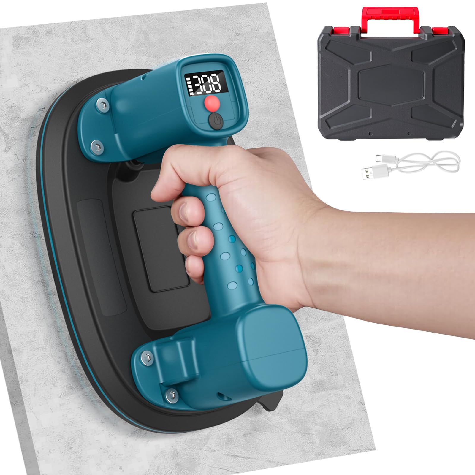 Akku Saugheber, 300 kg Tragkraft, Elektrischer Vakuumheber mit LCD-Anzeige & 4000 mAh Akku, Auto Nachsaugfunktion, Doppelmotor, 10" Saugnäpfe für Fliesen, Glas, Terrassenplatten (1er-Set)