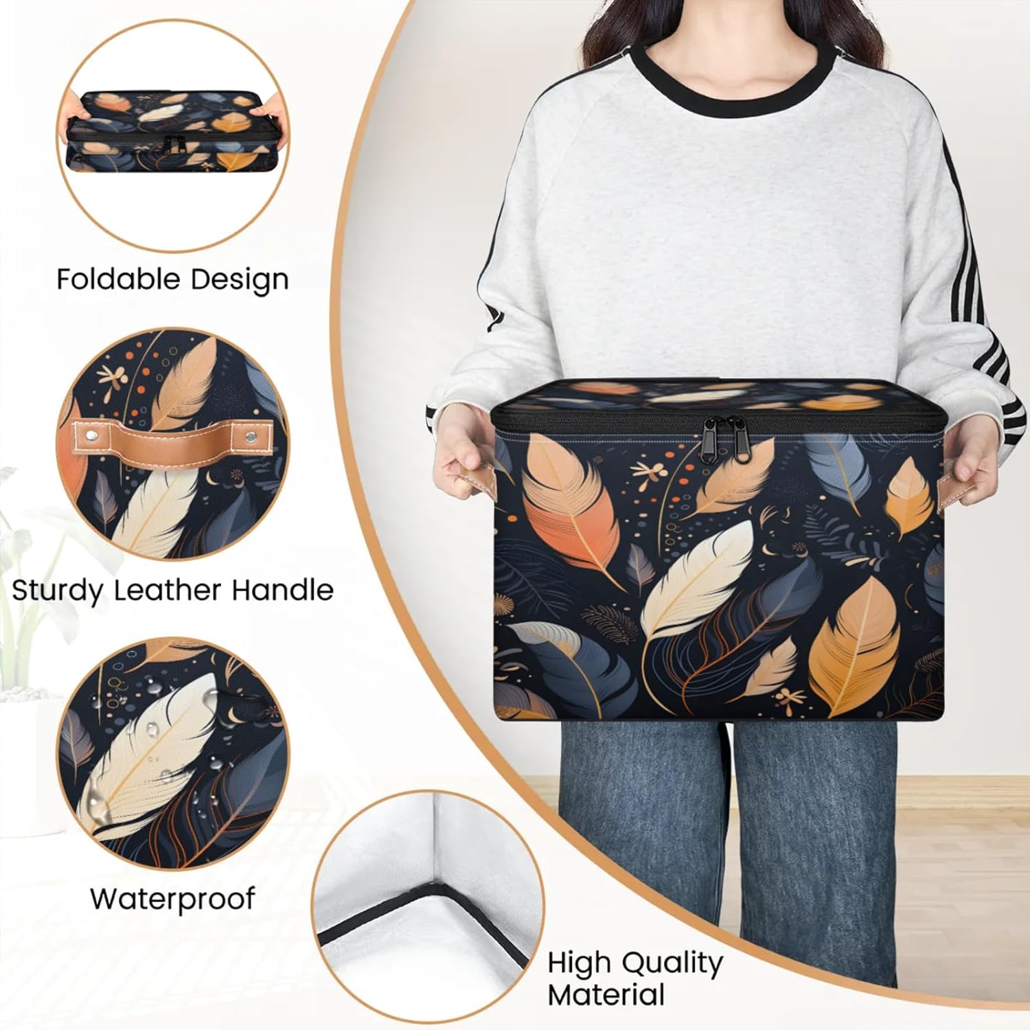 Storage Bin Set of 2 Ethnic Feathers Storage Basket with Zipper Lid & Handle Foldable Closet Shelf 2 Pack Cloth Organizer Basket Cube Bins Clothes Organizer for Nursery, Bedroom