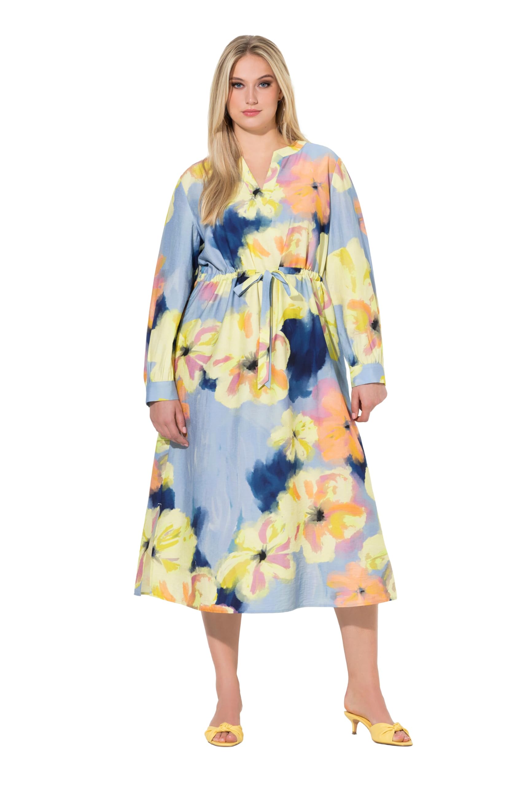 Ulla Popken Damen große Größen Übergrößen Plus Size Maxikleid, Blüten, A-Linie, Tunika-Ausschnitt, Langarm 846330