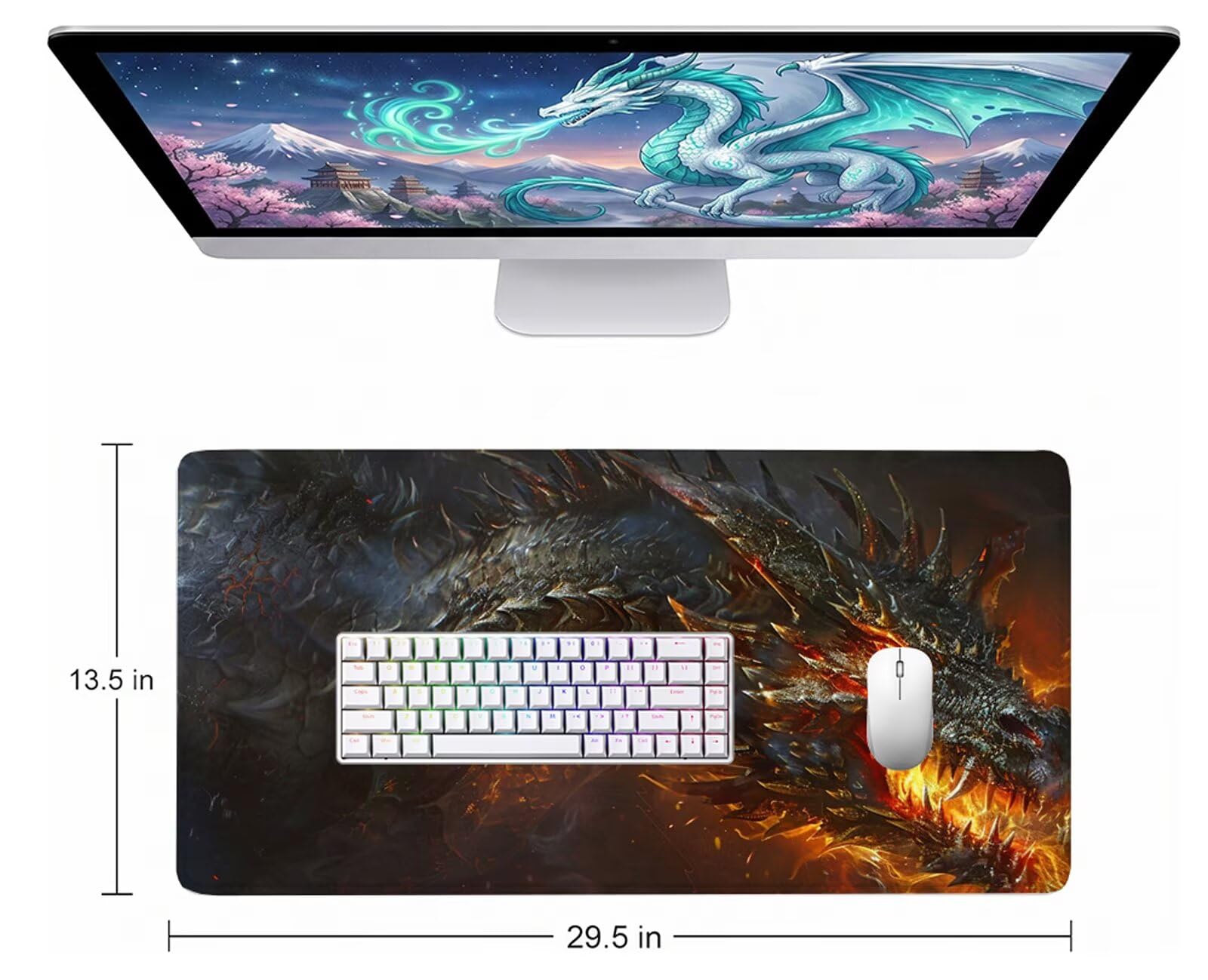 Tappetino Mouse Nero Tappetino Mouse XXL 150x80 cm Mouse Pad Drago Sottomano Scrivania Ufficio Grande, Mousepad Gaming Antiscivolo Impermeabile, Tappeto per Computer e Tastiera, Gamer, Regalo W6-905