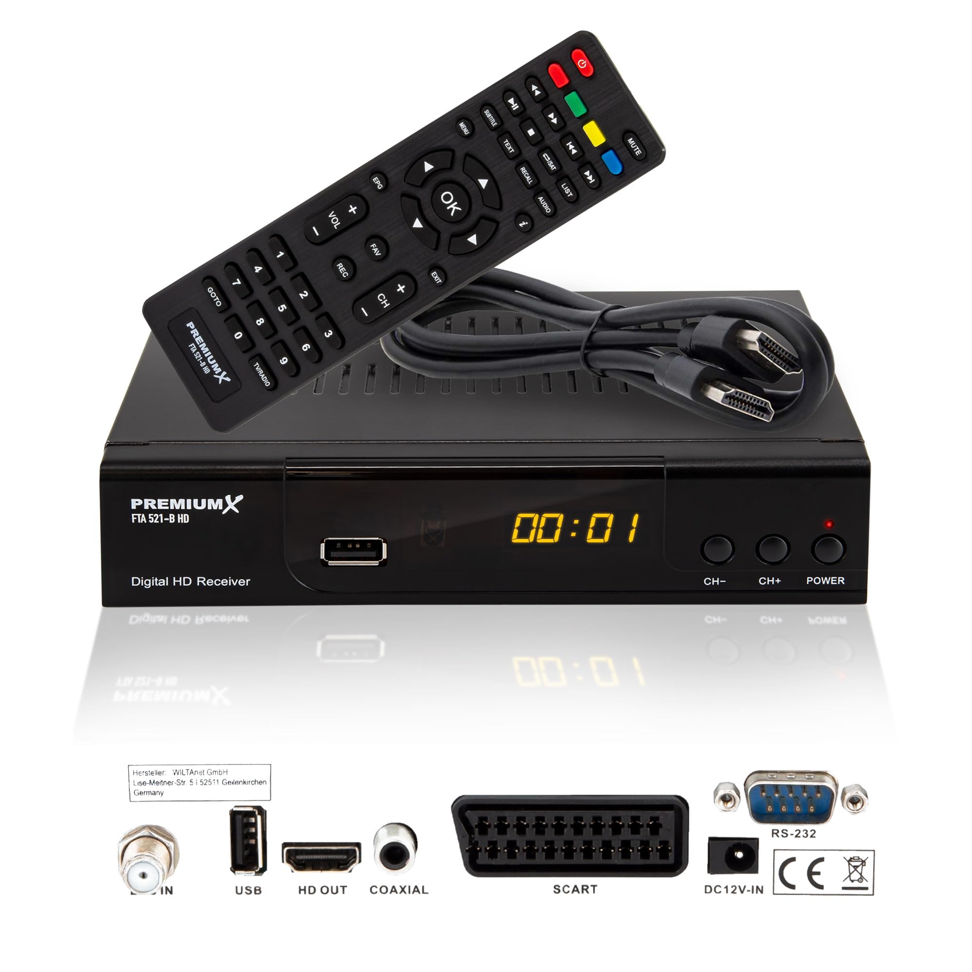 PremiumX Récepteur satellite HD 521 FTA numérique satellite DVB-S2 FullHD HDMI SCART 2X USB lecteur multimédia 12 V Bloc d'alimentation externe