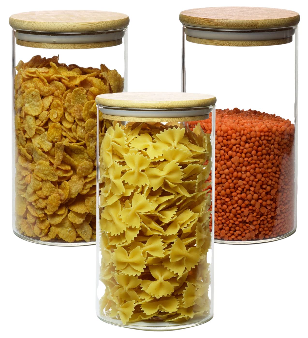 gouveo Lot de 3 récipients en Verre 1400 ML Ronds en Verre borosilicaté avec Couvercle - bocaux de Conservation 1,4 l avec Fermeture - Verre de Conservation, Bocal en Verre, Verre à pâtes