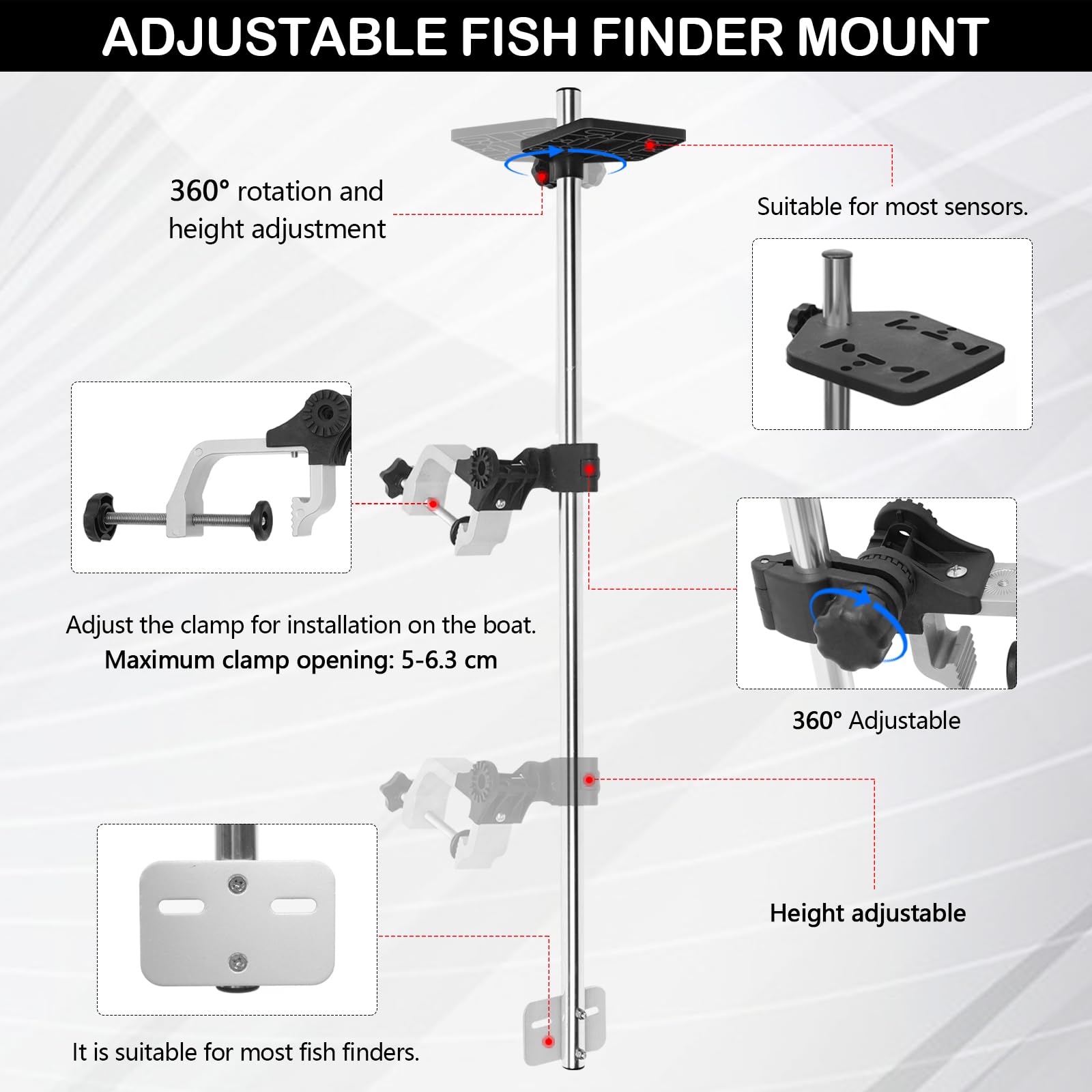 Soporte para Sonda De Pesca Giratorio 360° Aleación De Aluminio Abrazadera Ajustable Universal 80cm