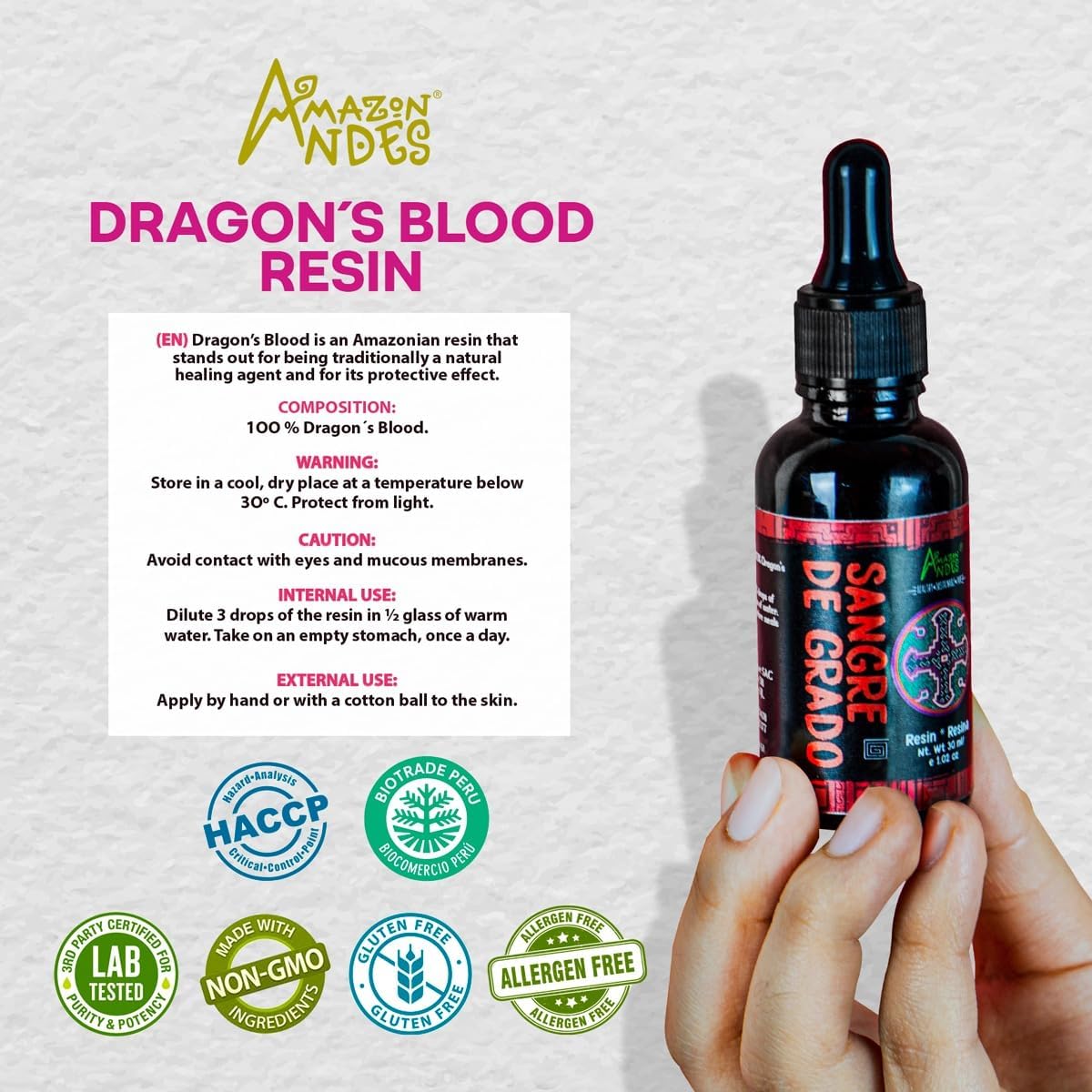 Amazon Andes Dragon's Blood Organic Liquid Extract - Sangre de Drago Sap from Peru | Pure Sangre de Grado Wild Harvested Resin Tincture | Dragons Blood Sap | Sangre de Dragon | 1 fl oz (30ml)