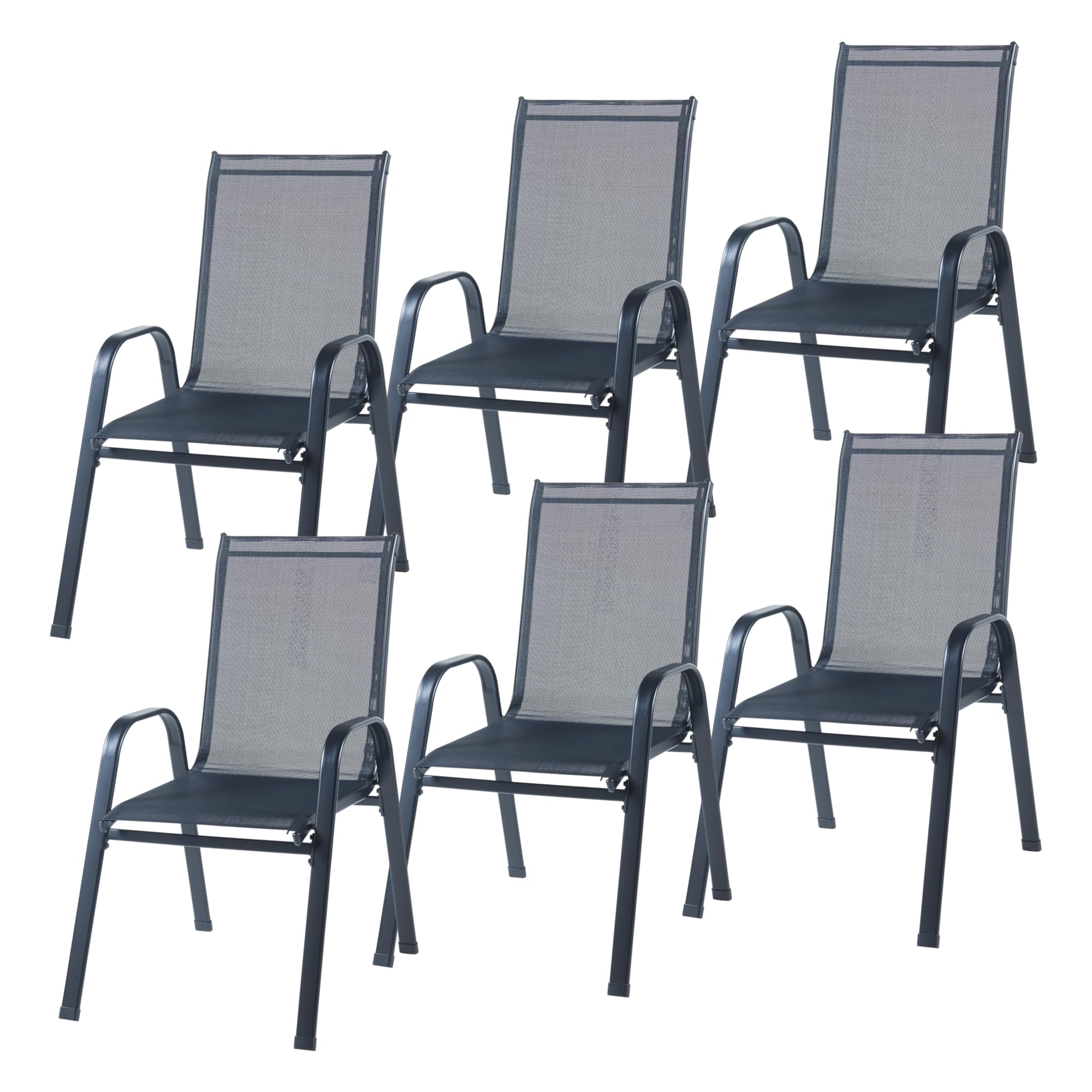 casa.pro Conjunto de Muebles de Jardin Exterior 7 Piezas Muebles de Terraza con 1 Mesa de Comedor 6 Sillas con Reposabrazos Acero Cristal Templado Textileno 70 x 140 x 70 cm - Negro