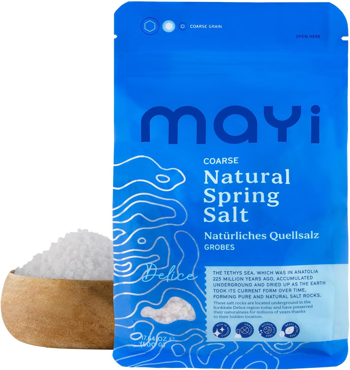 MAYİ Ancient Natural Spring Coarse Salt 1.1 lb - Hand-Harvested, Kosher, Microplastic-Free, Mineral-Rich, Unrefined Salt for Electrolyte Drinks, Cooking, Canning, Low Sodium