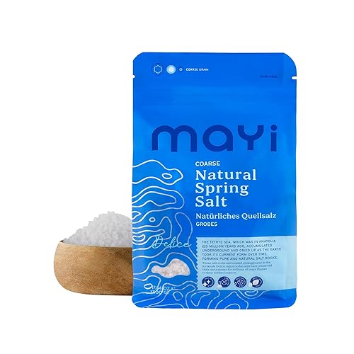 MAY Ancient Natural Spring - Sal gruesa de primavera 1.1 libras, cosechada a mano, Kosher, sin microplásticos, rica en minerales, cristal de
